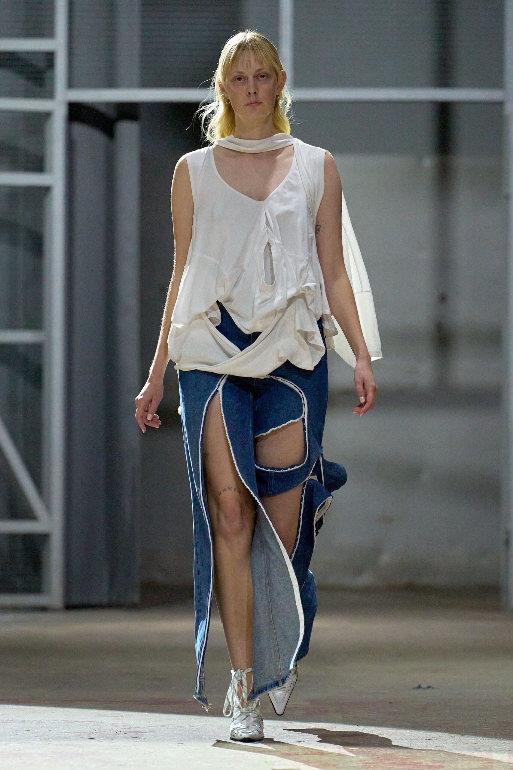 blue denim cutout fitted flared skirt