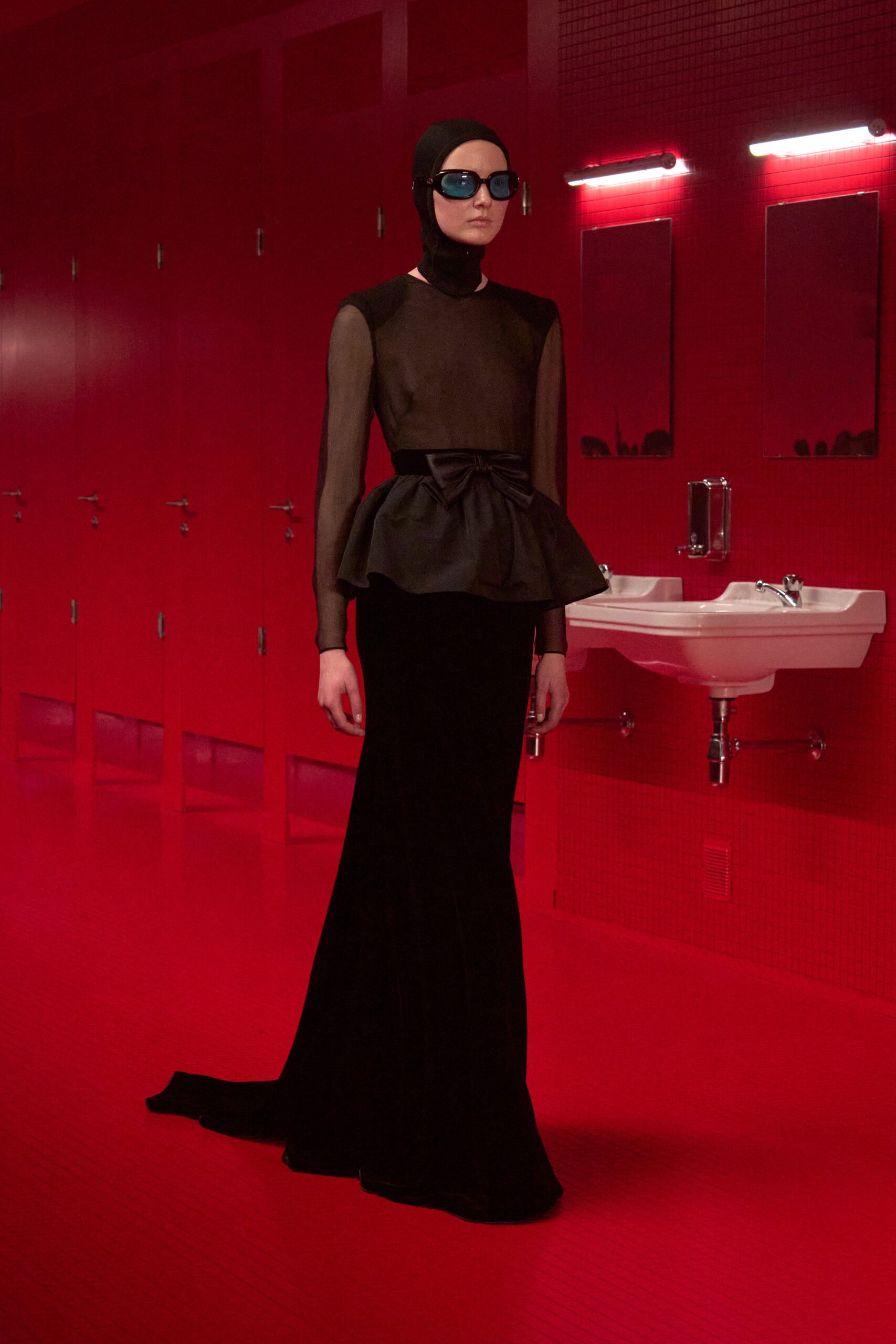 black silk long-sleeve high-neck fitted flared sheer top