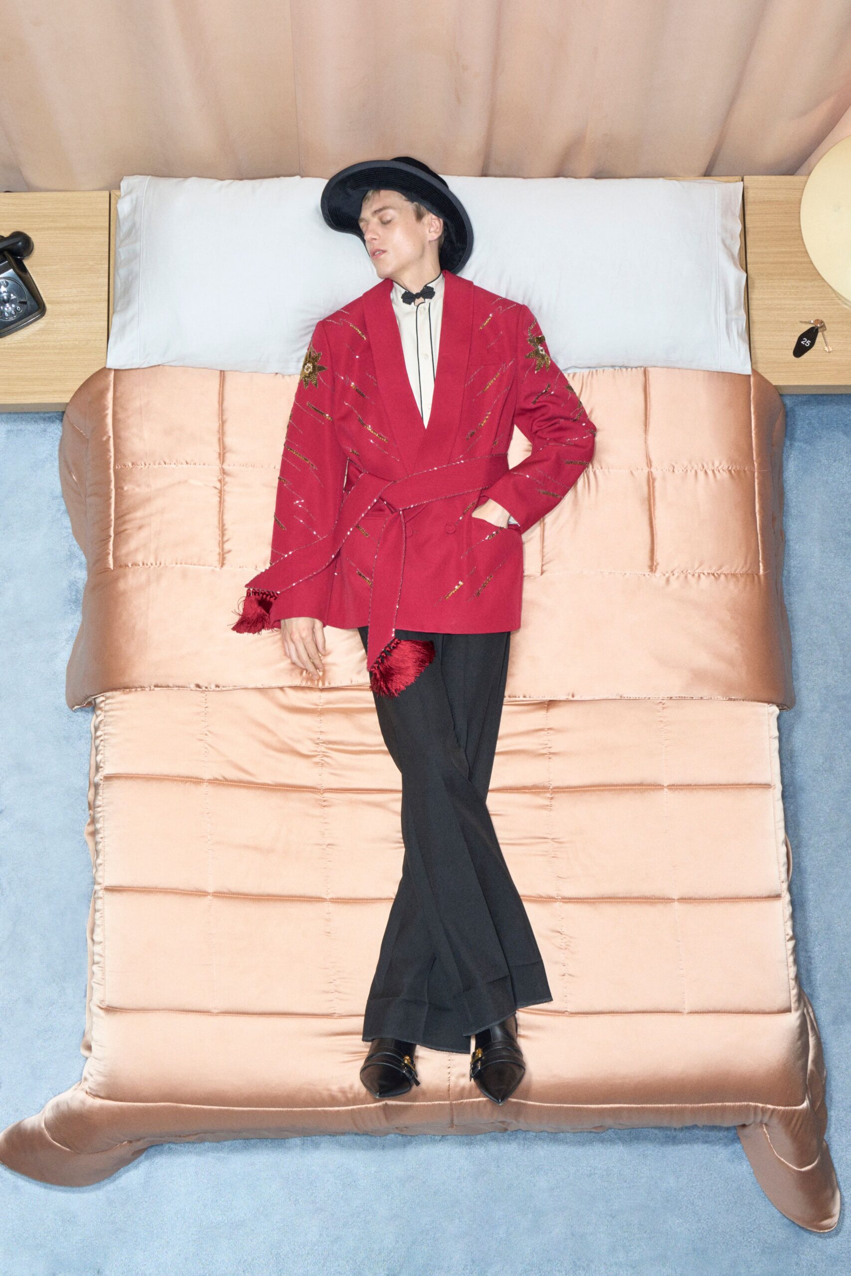 red silk long-sleeve collared fitted embroidered belted blazer