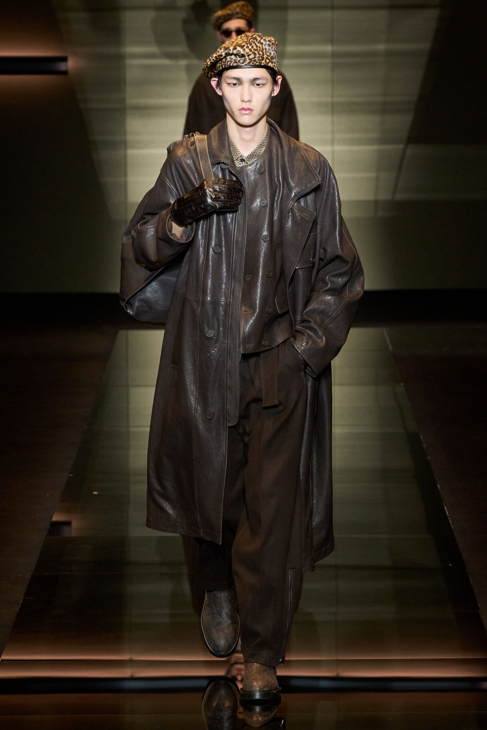 brown leather coat and pants