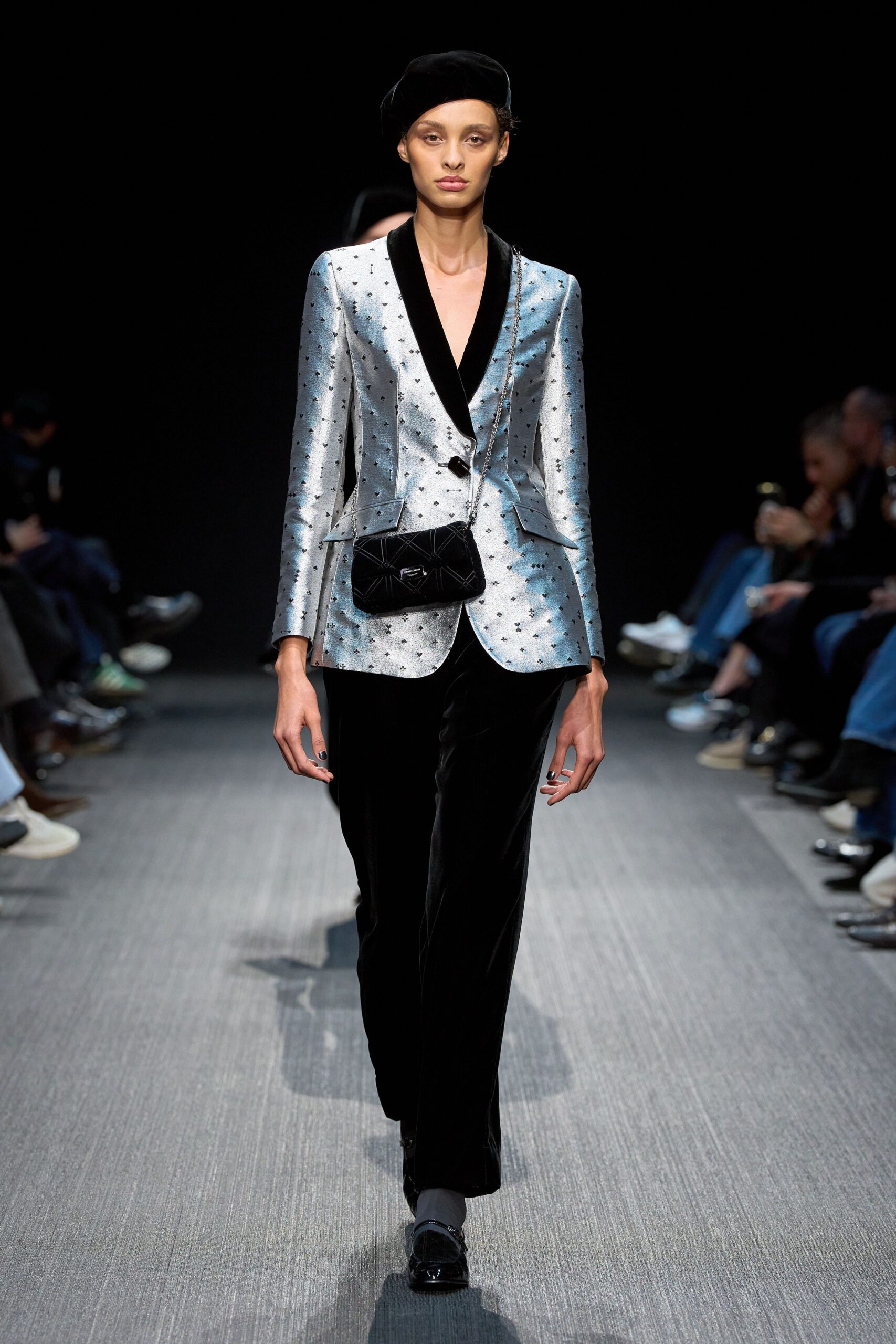 gray silk long-sleeve collared tailored embroidered shiny blazer