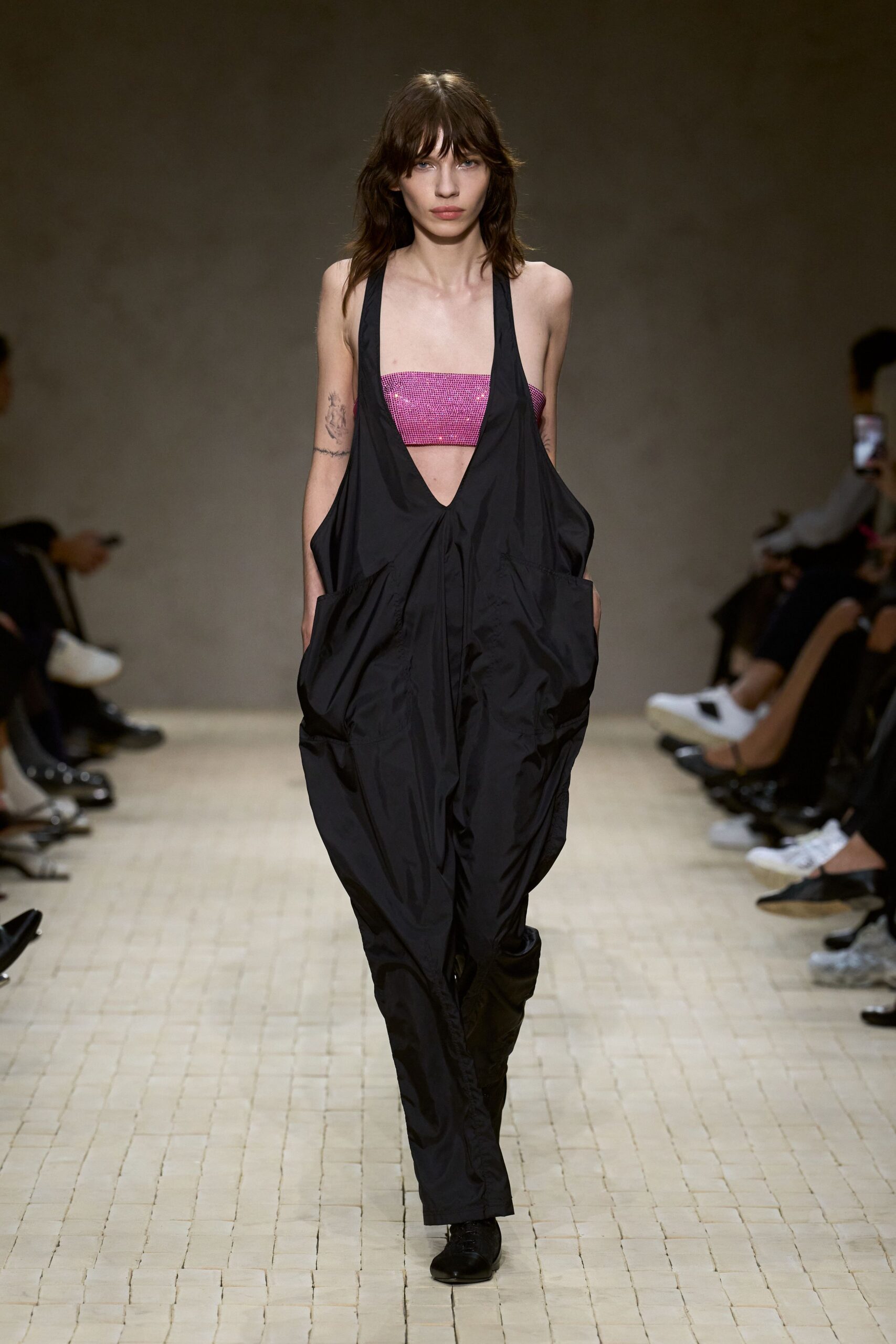 black relaxed jumpsuit with pink top