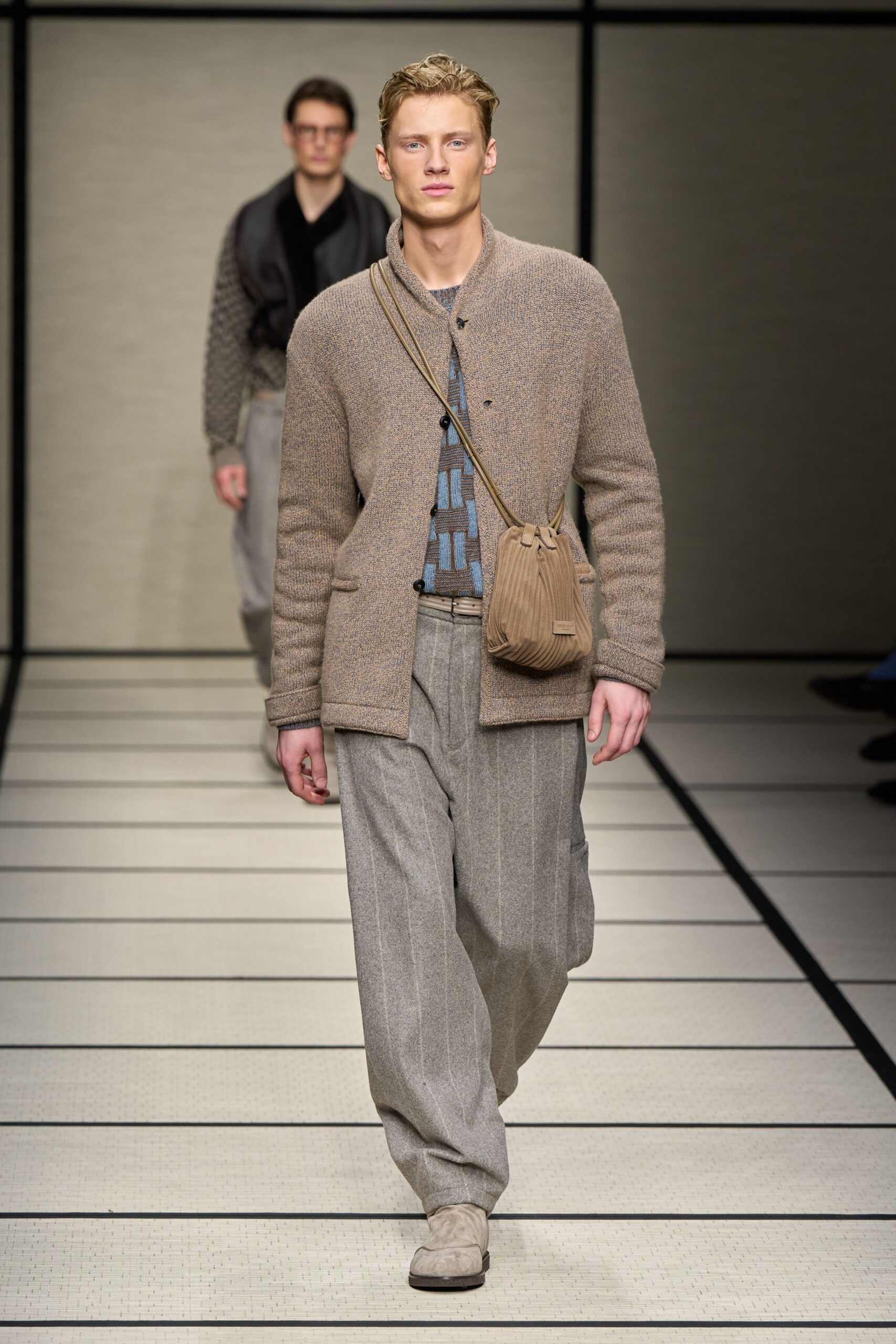beige wool long-sleeve collared relaxed textured cardigan
