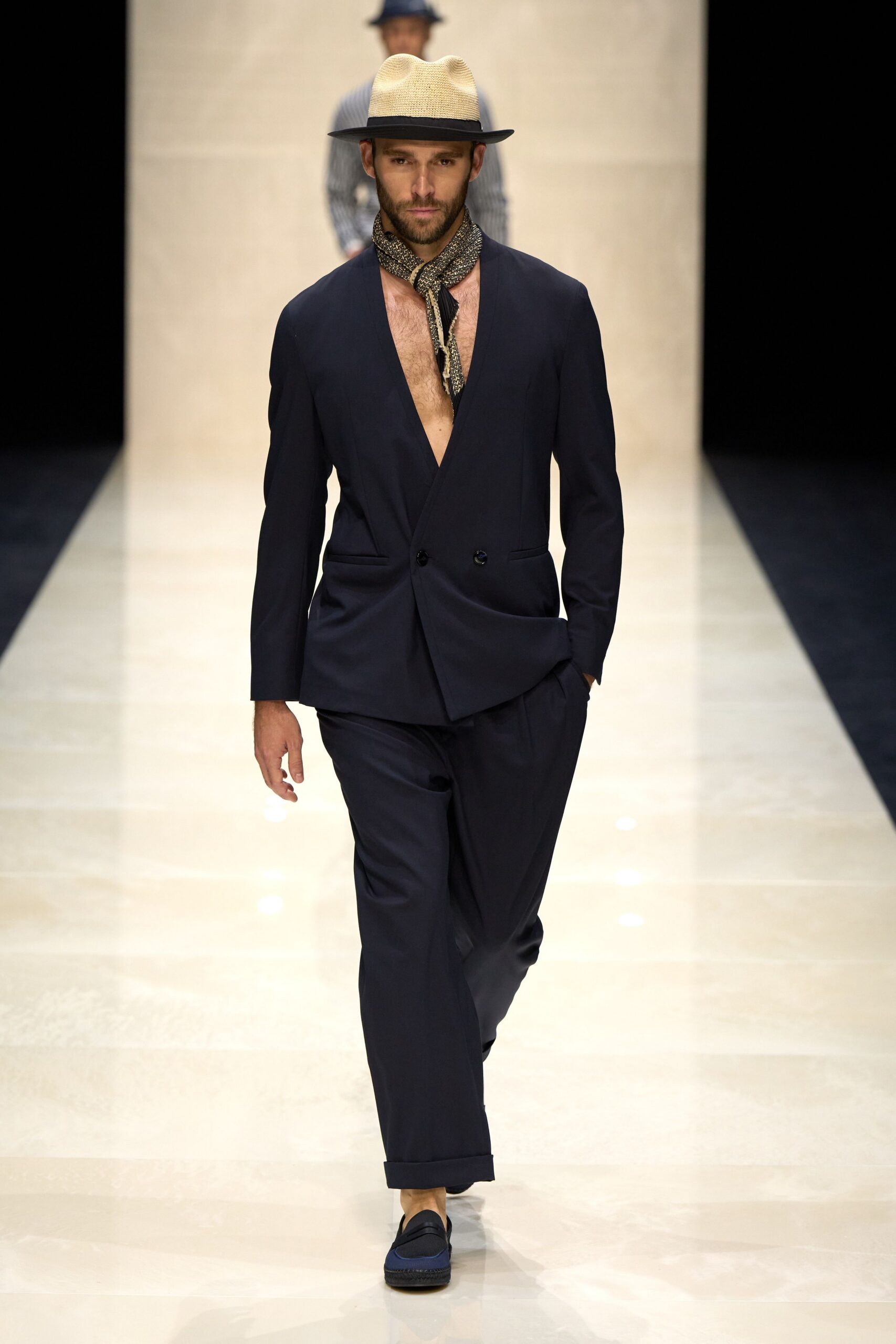 navy tailored suit with hat