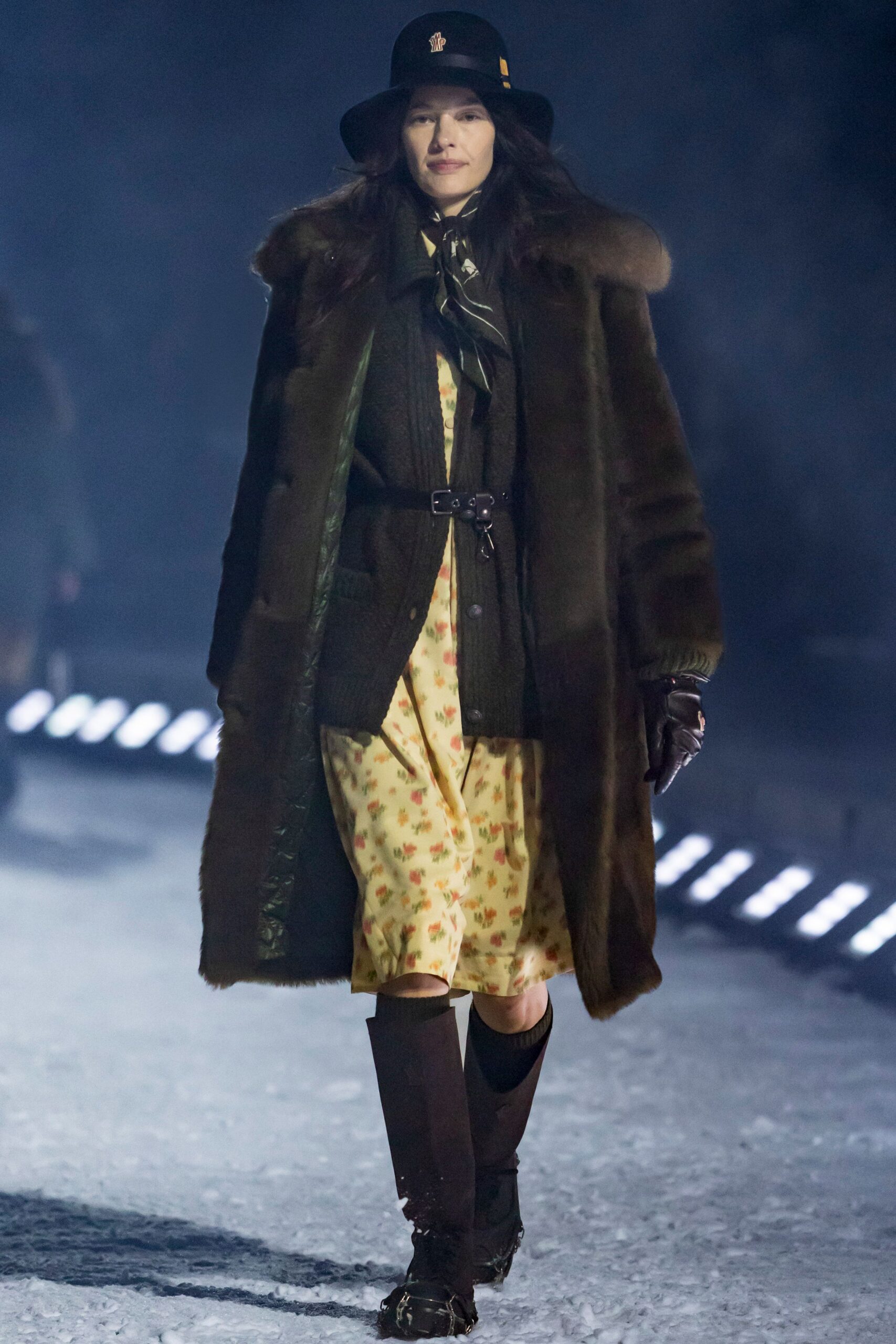brown fur coat with floral dress