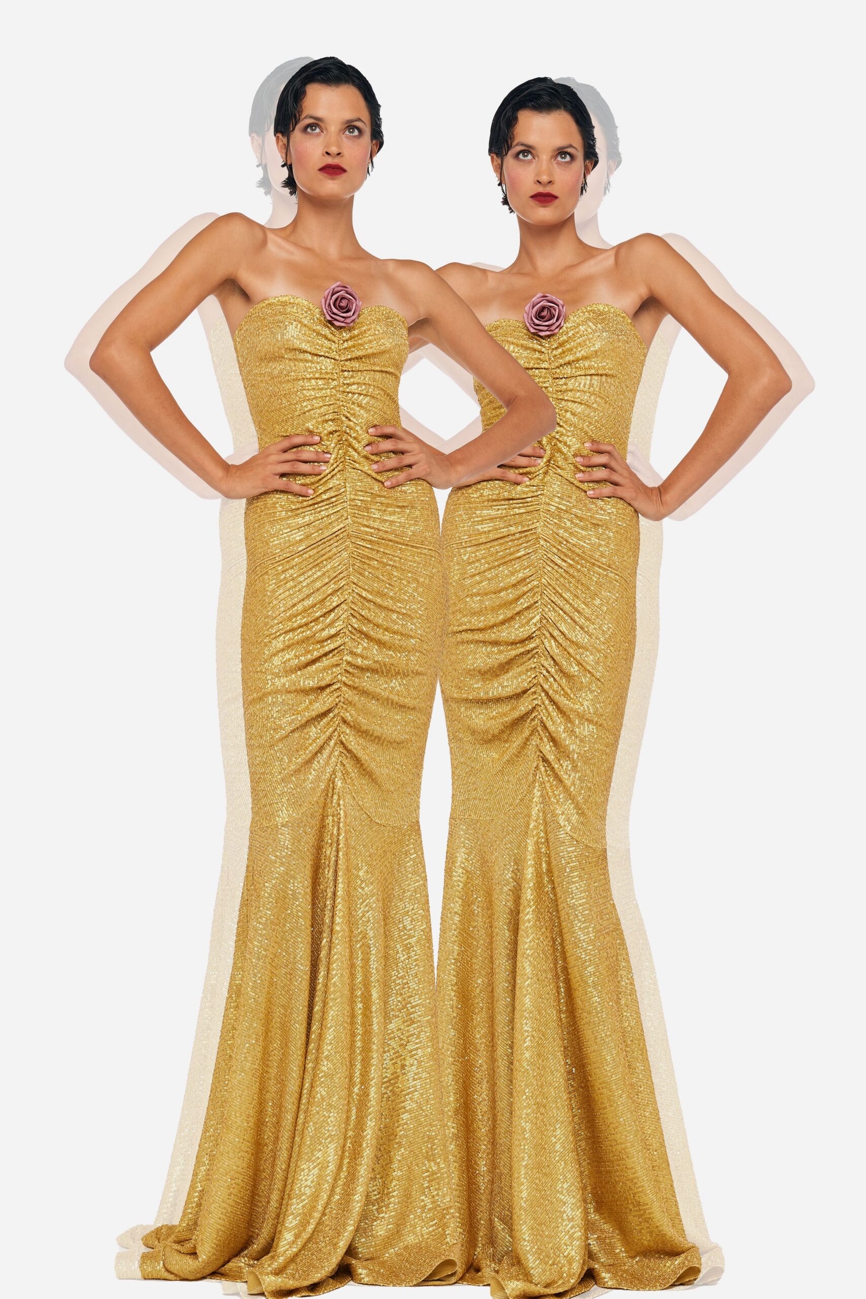 gold strapless ruched gown