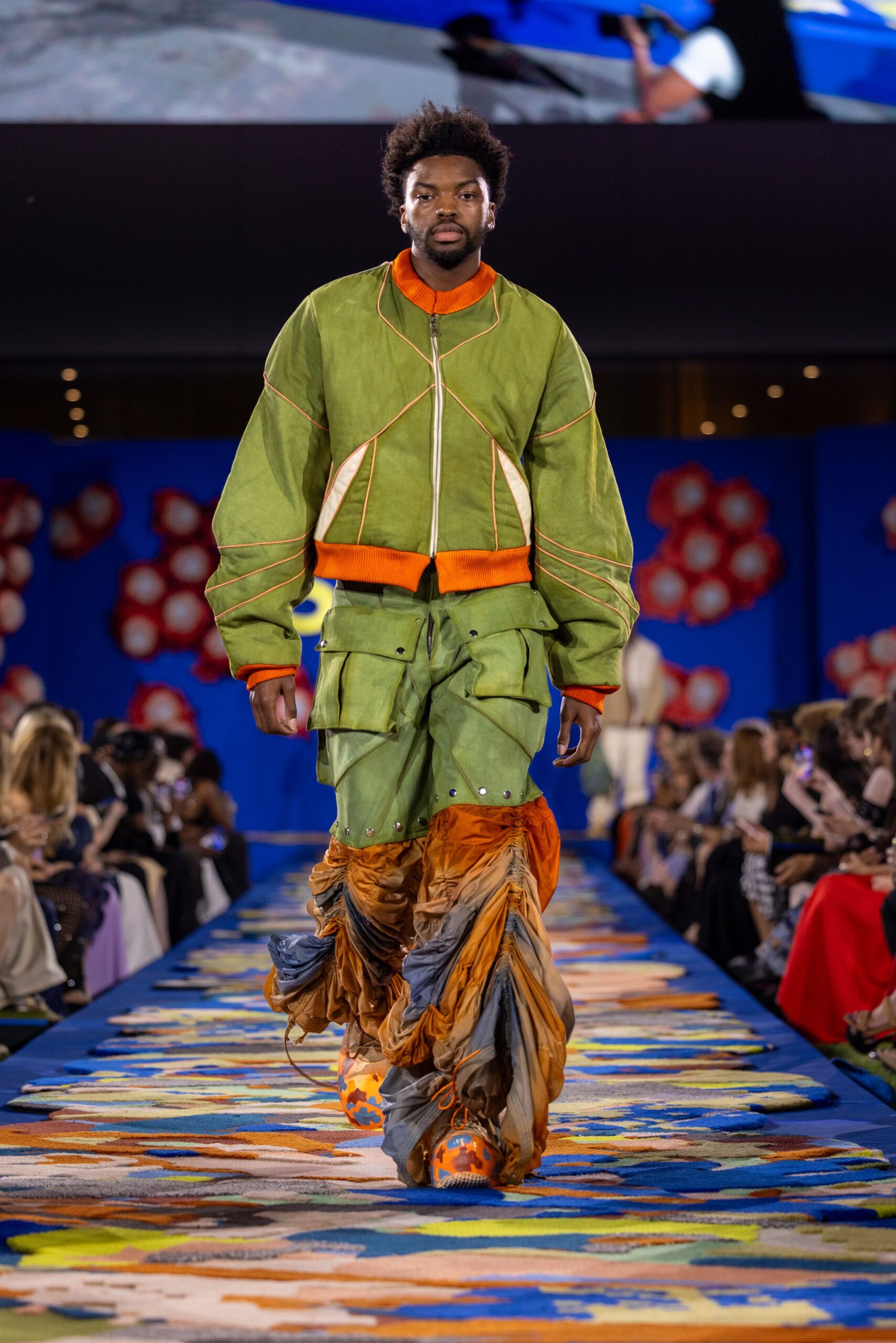 oversized green jacket with relaxed pants