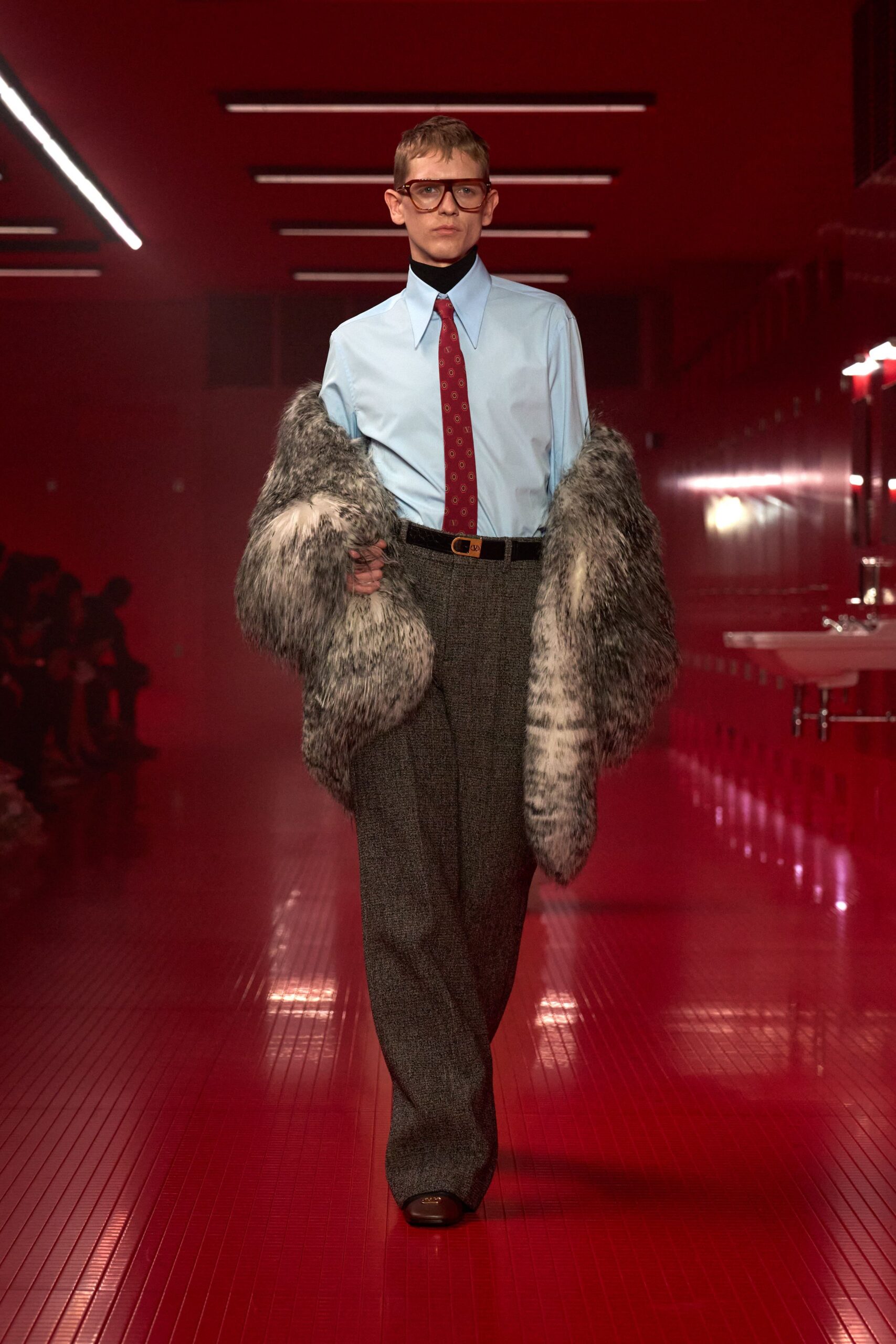 gray faux-fur oversized textured coat