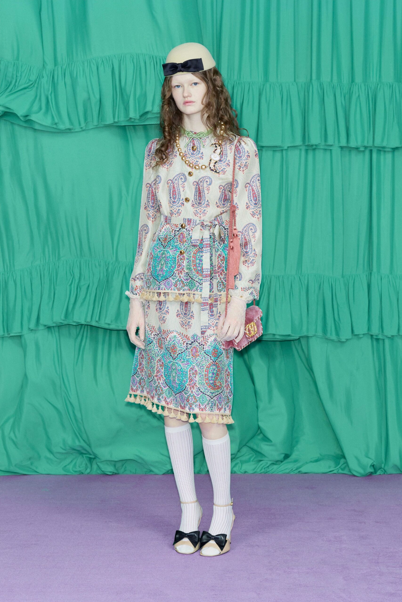 multi silk long-sleeve collared fitted printed tiered dress