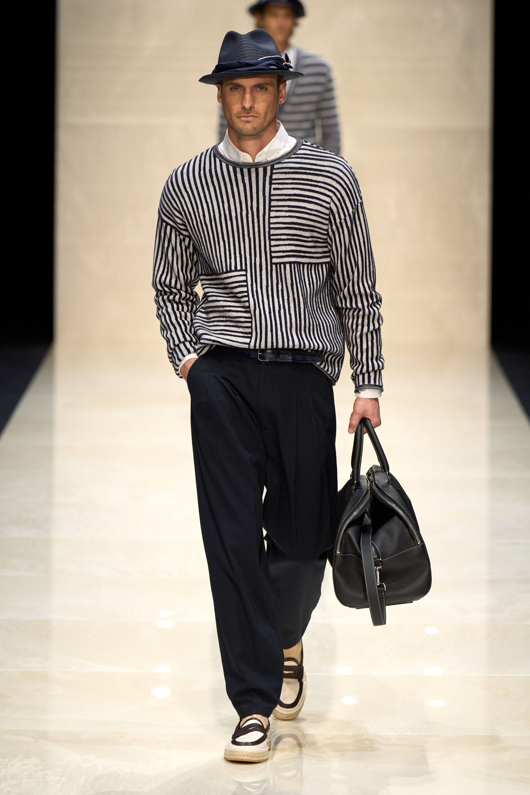 striped jacket with relaxed pants