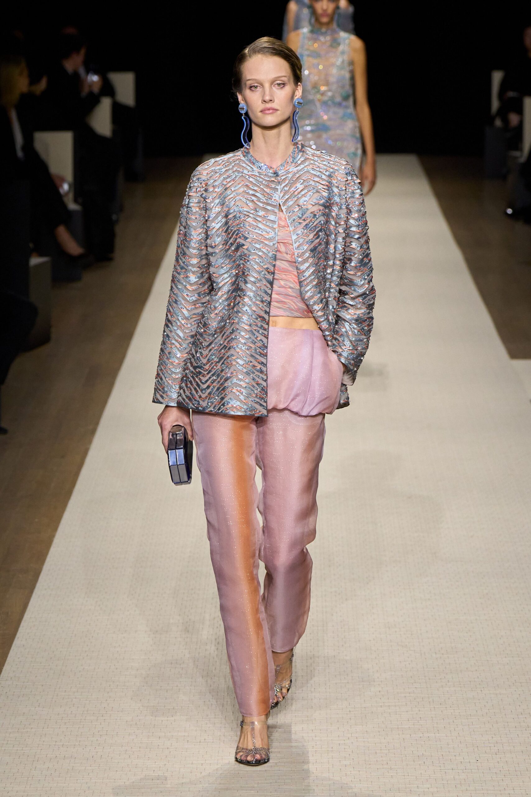 blue silk long-sleeve collared relaxed layered shiny jacket