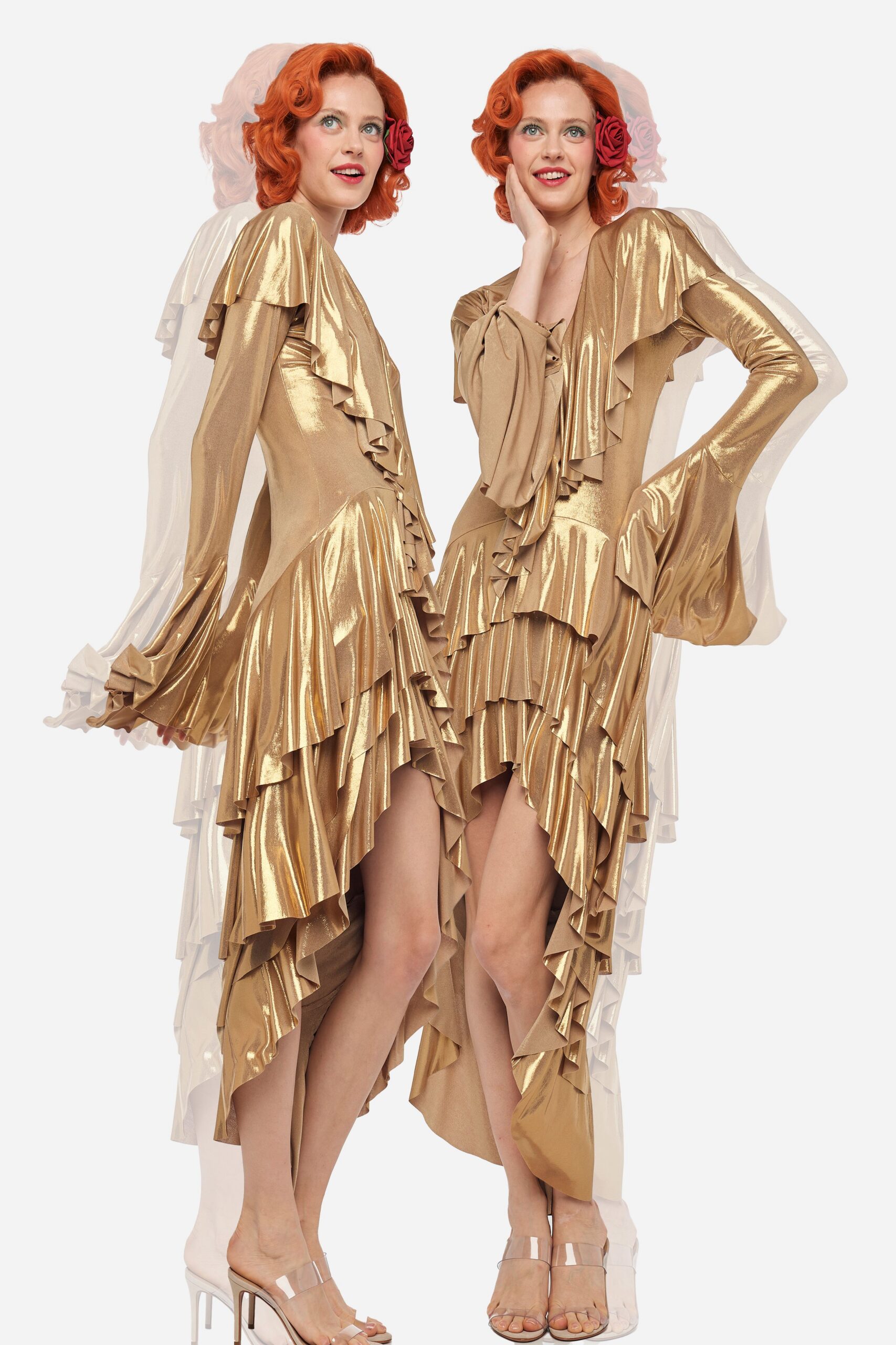 gold satin long-sleeve v-neck fitted ruffled shiny dress