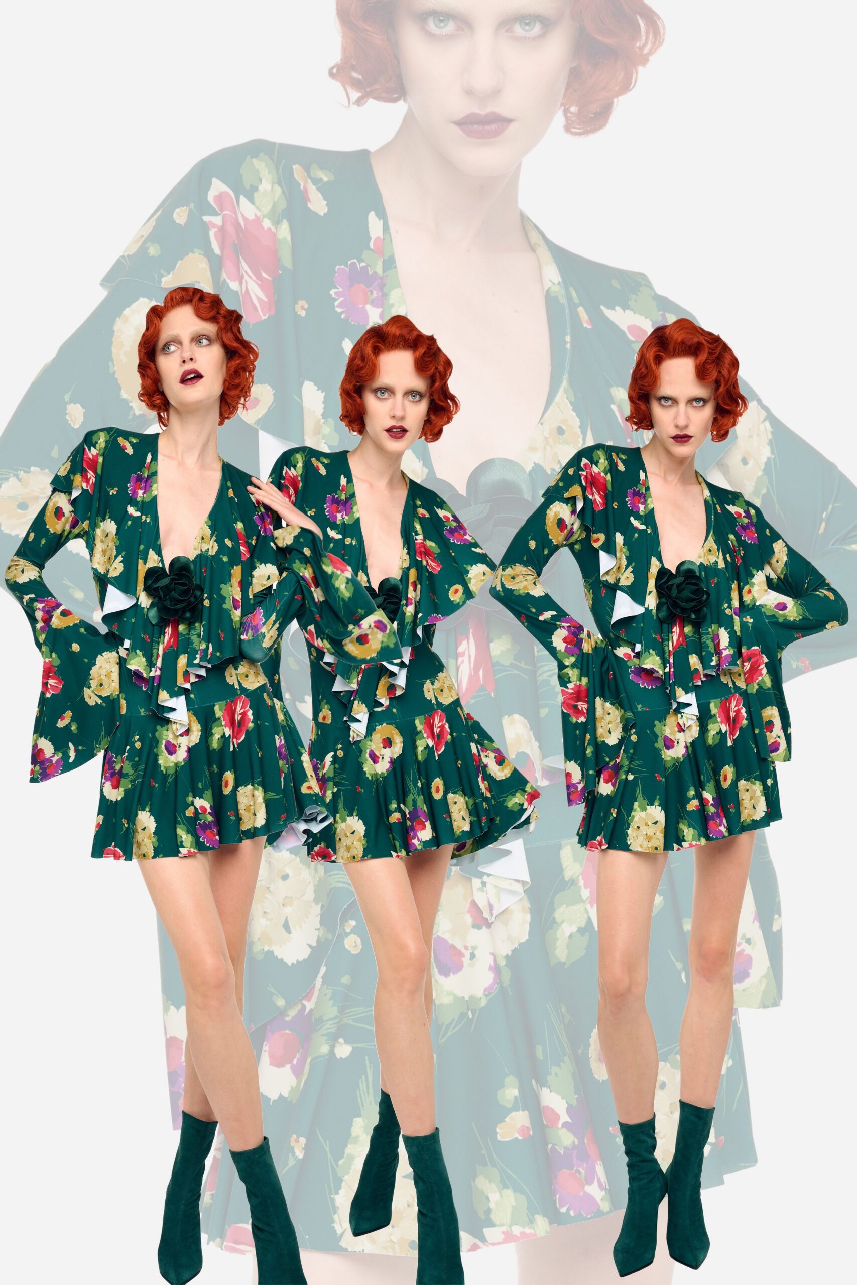 green silk long-sleeve v-neck fitted floral ruffled dress
