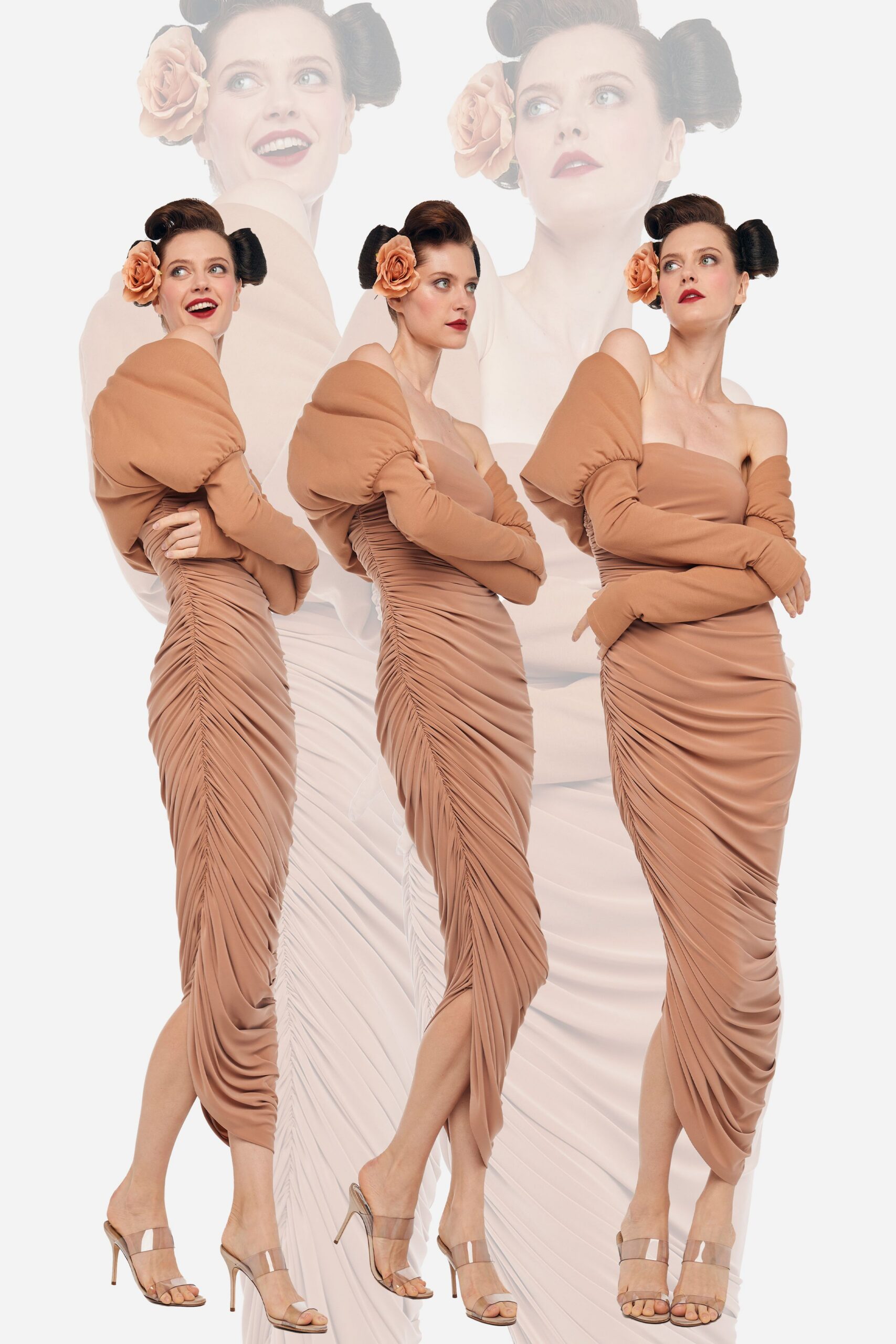 beige fitted ruched dress