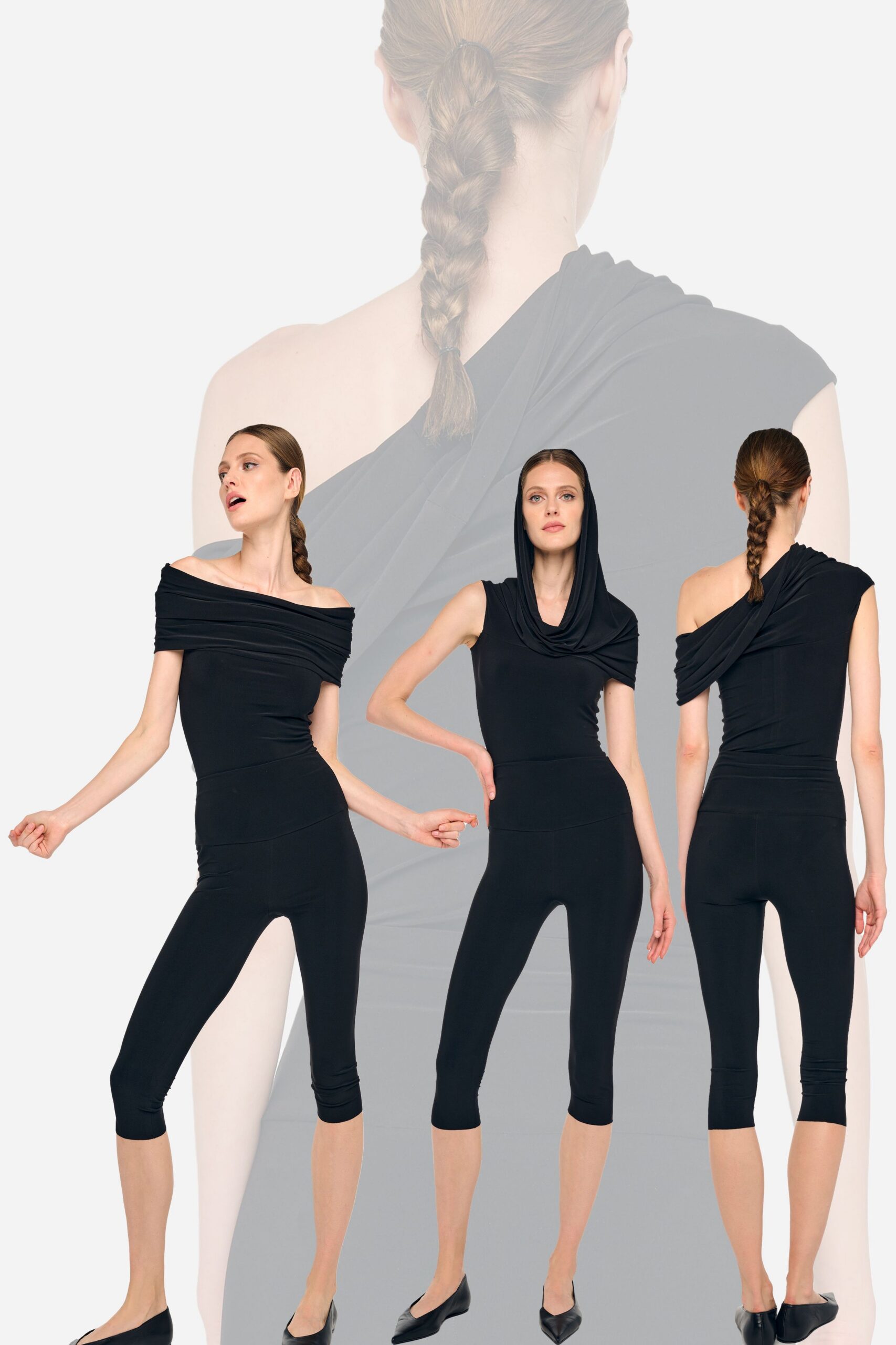 black fitted off-shoulder catsuit