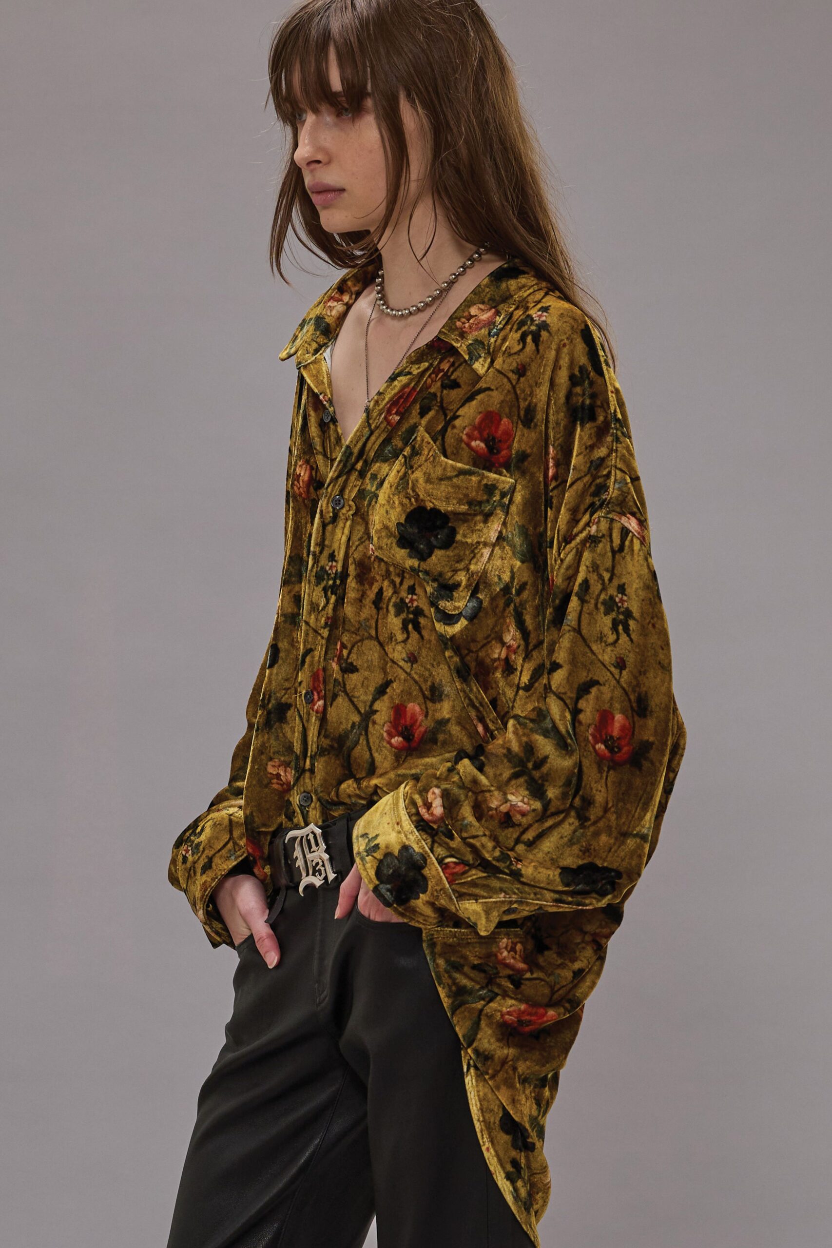 oversized floral velvet shirt with leather pants