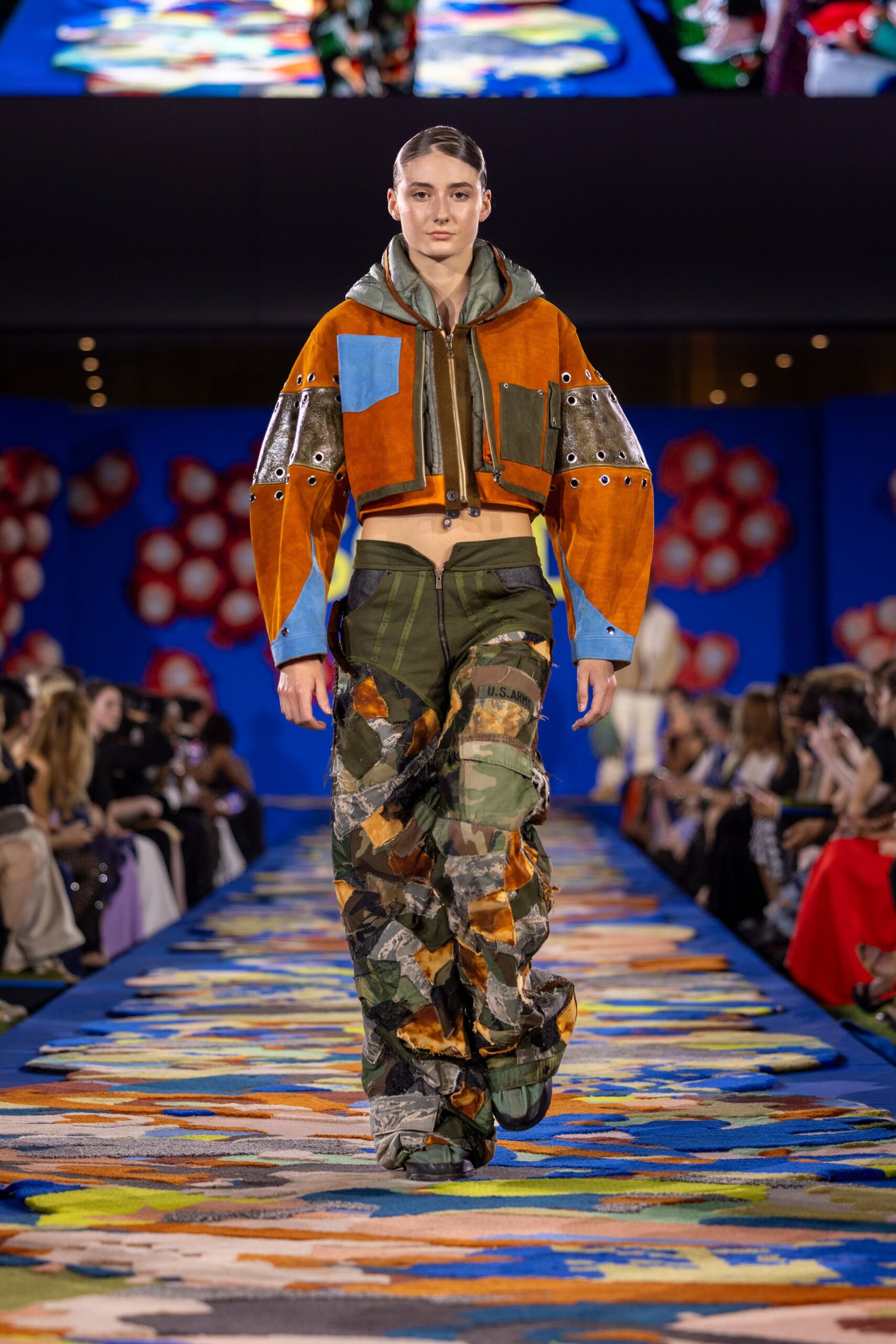 color-blocked cropped jacket and cargo pants