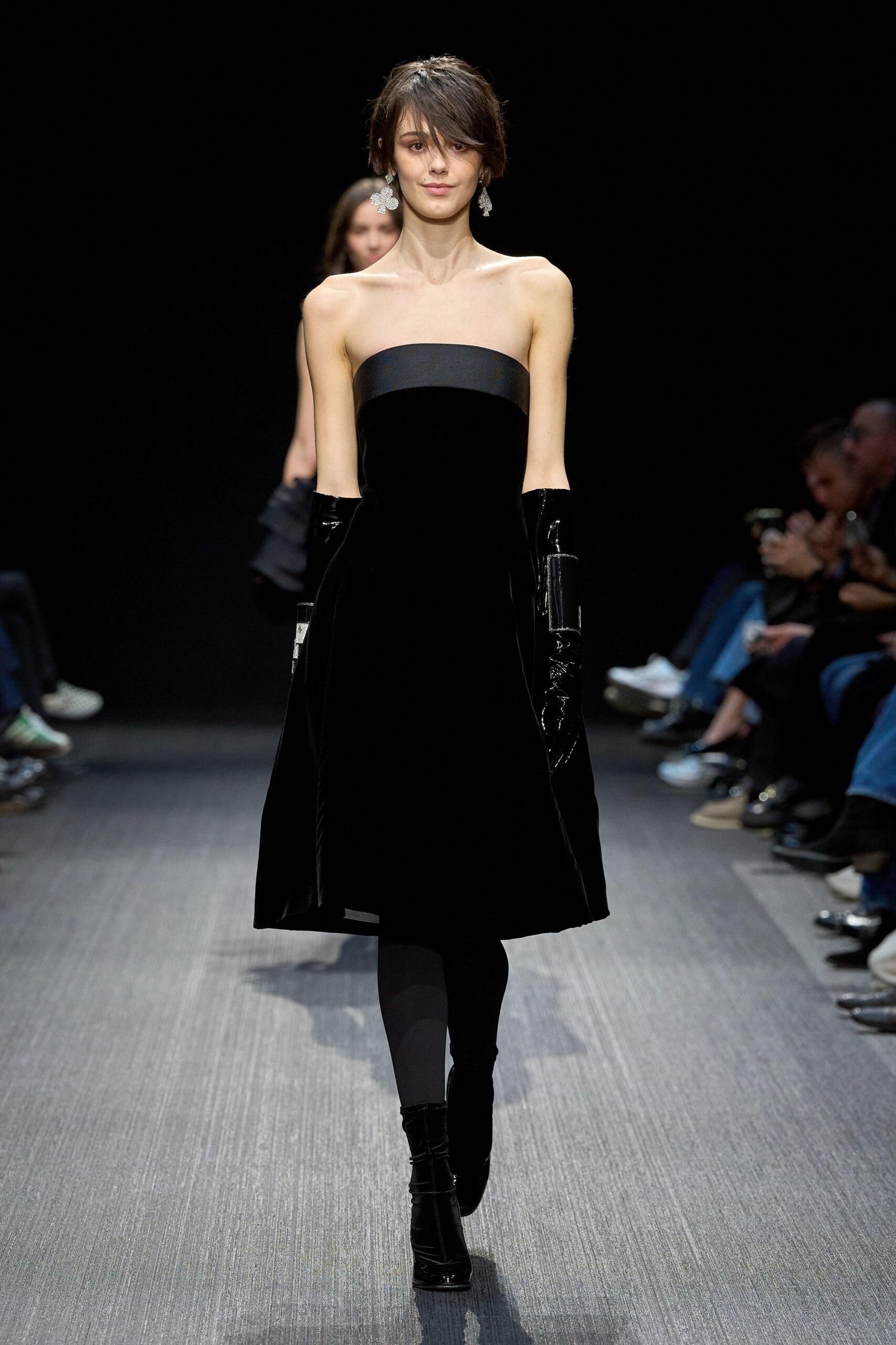 black velvet strapless midi dress