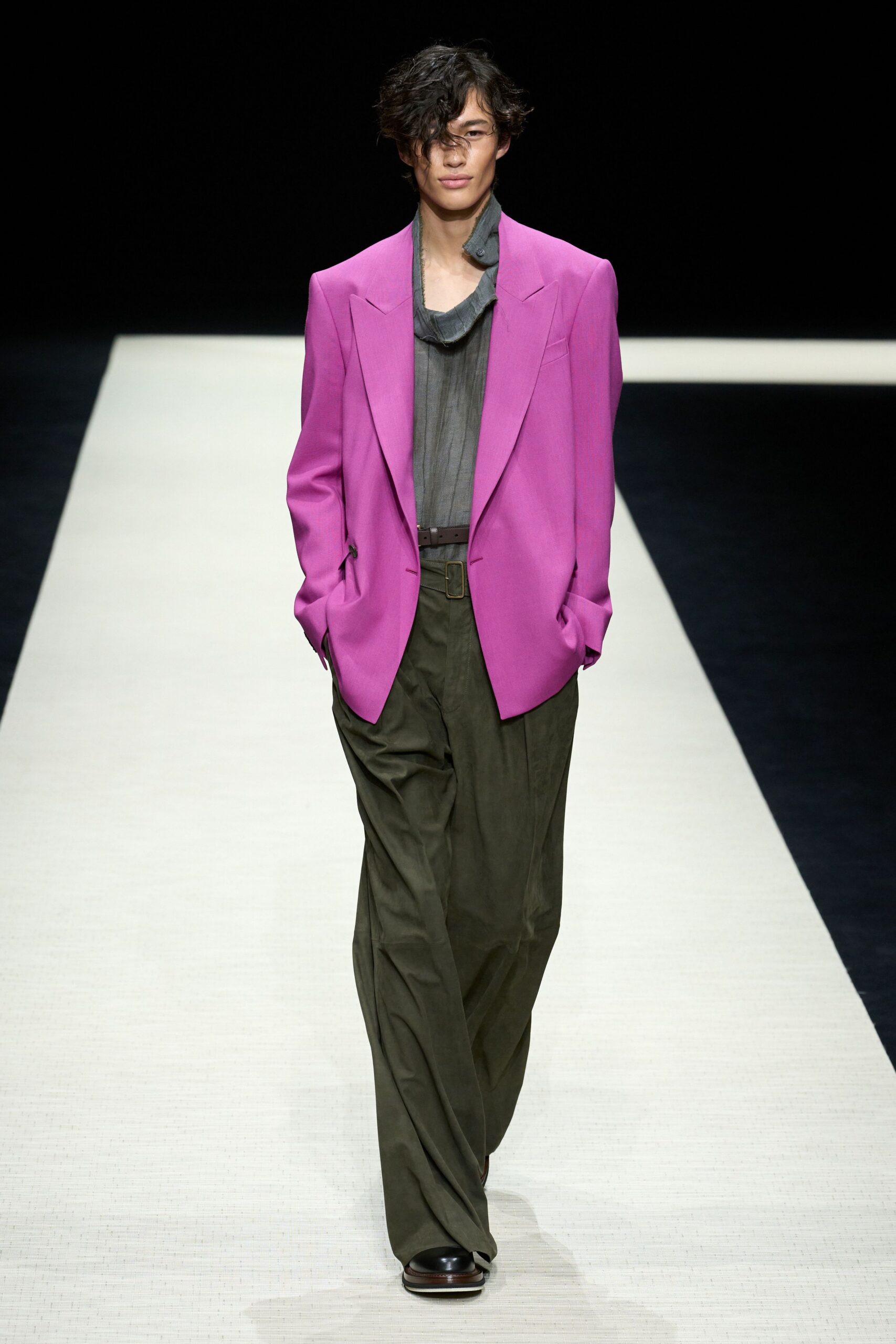 pink blazer gray shirt olive pants