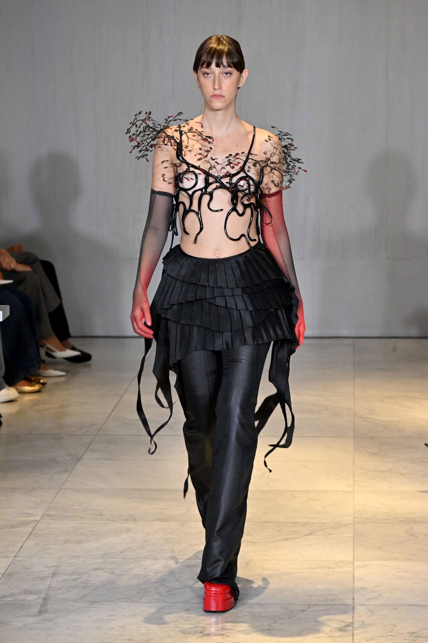 black silk fitted pleated pants