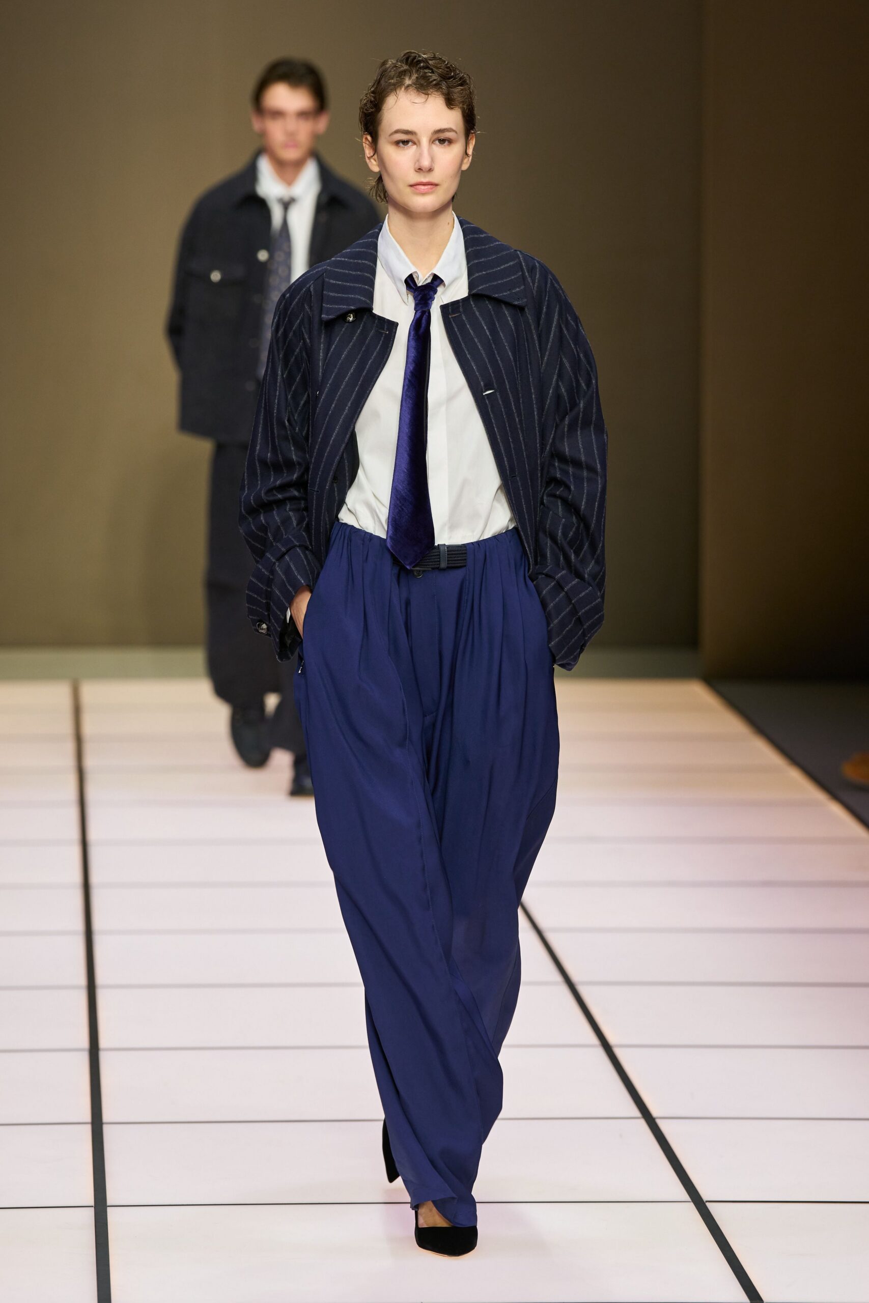 navy striped jacket with white shirt
