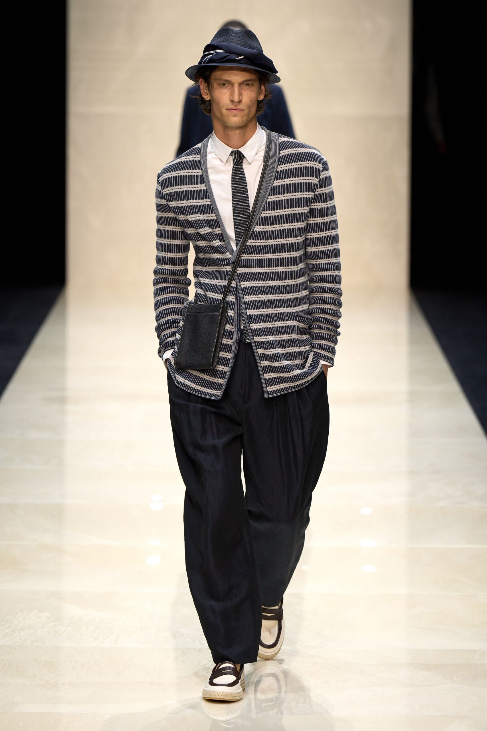blue striped cardigan with relaxed pants