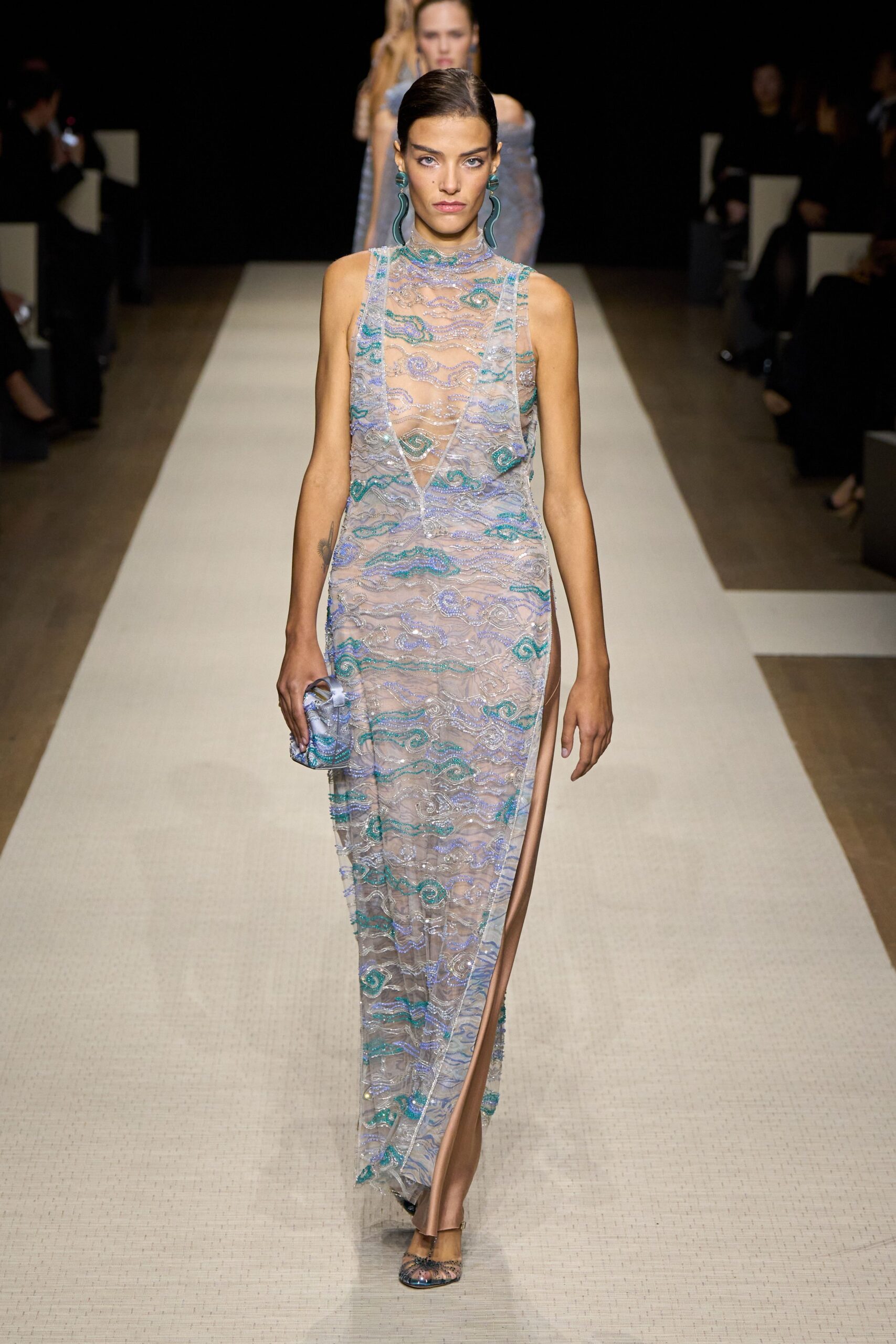 blue silk sleeveless v-neck fitted embellished sheer gown