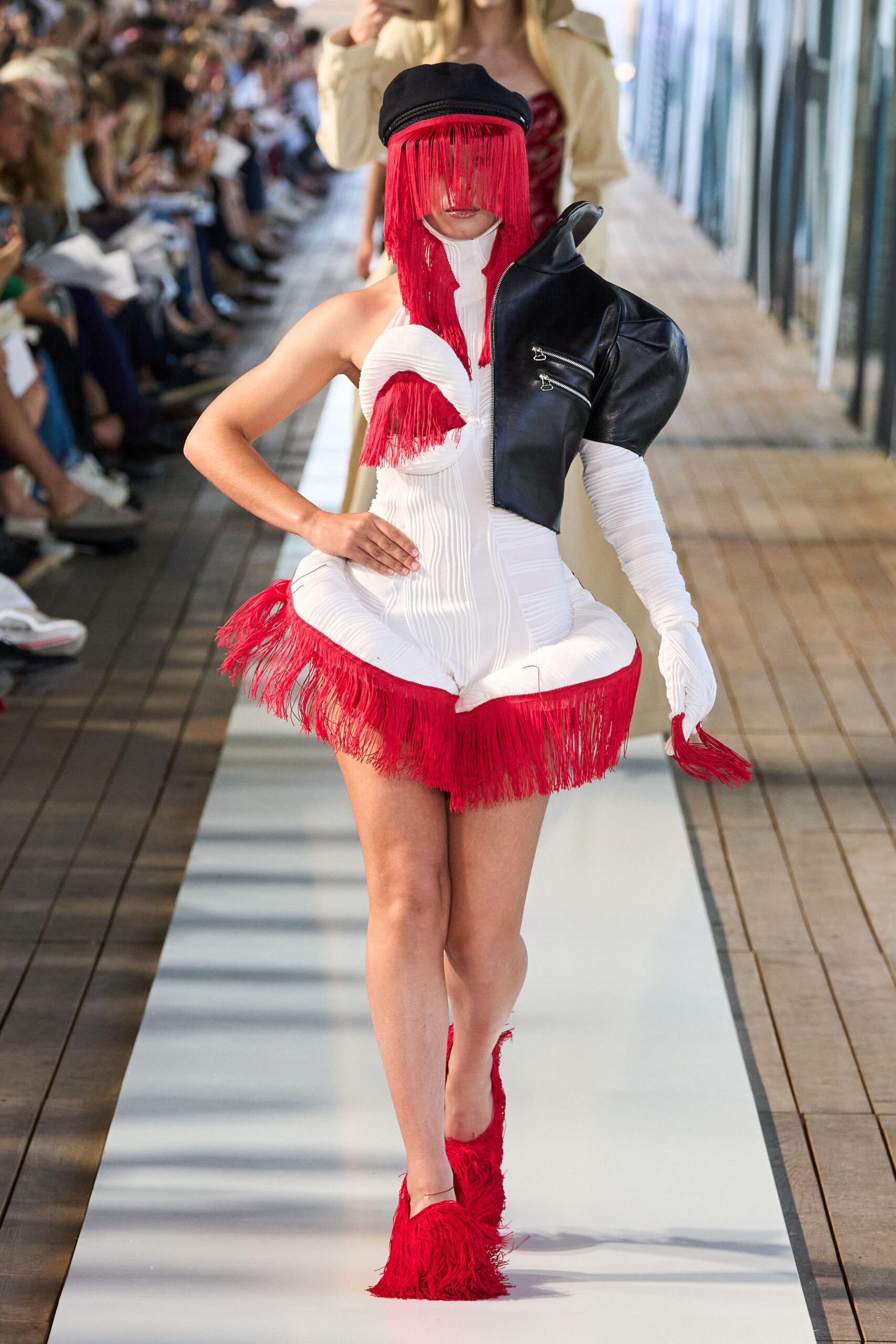 red and white fringed mini dress