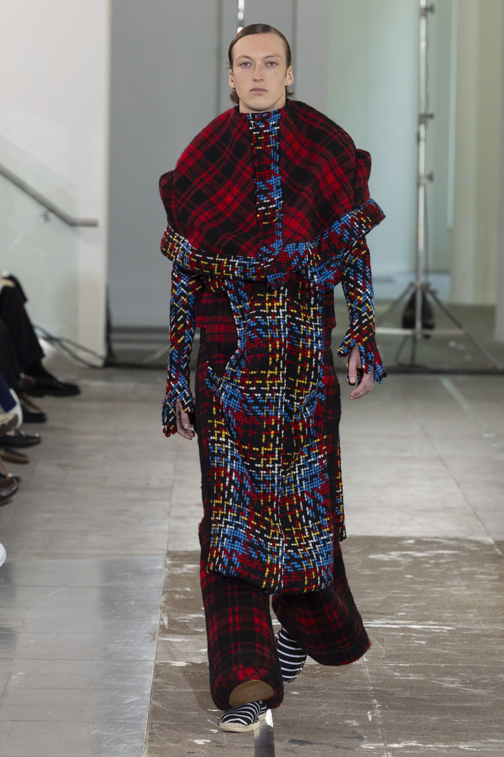 red cotton long-sleeve collared relaxed checked layered coat