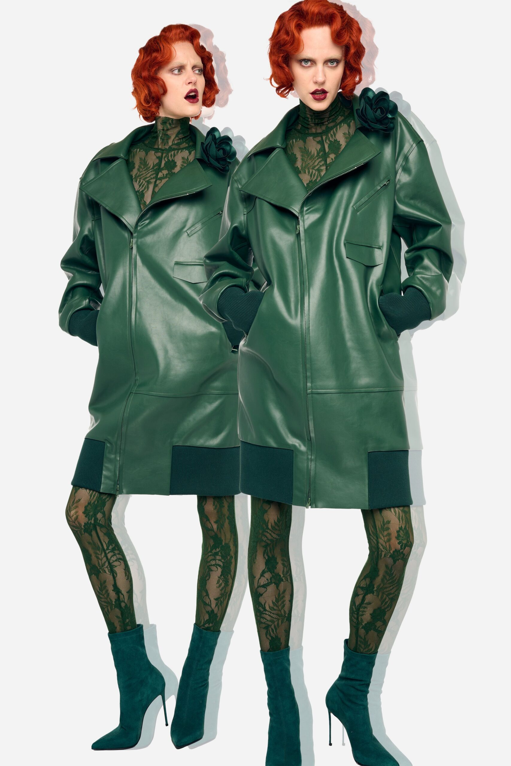 green leather long-sleeve collared oversized zippered pockets coat