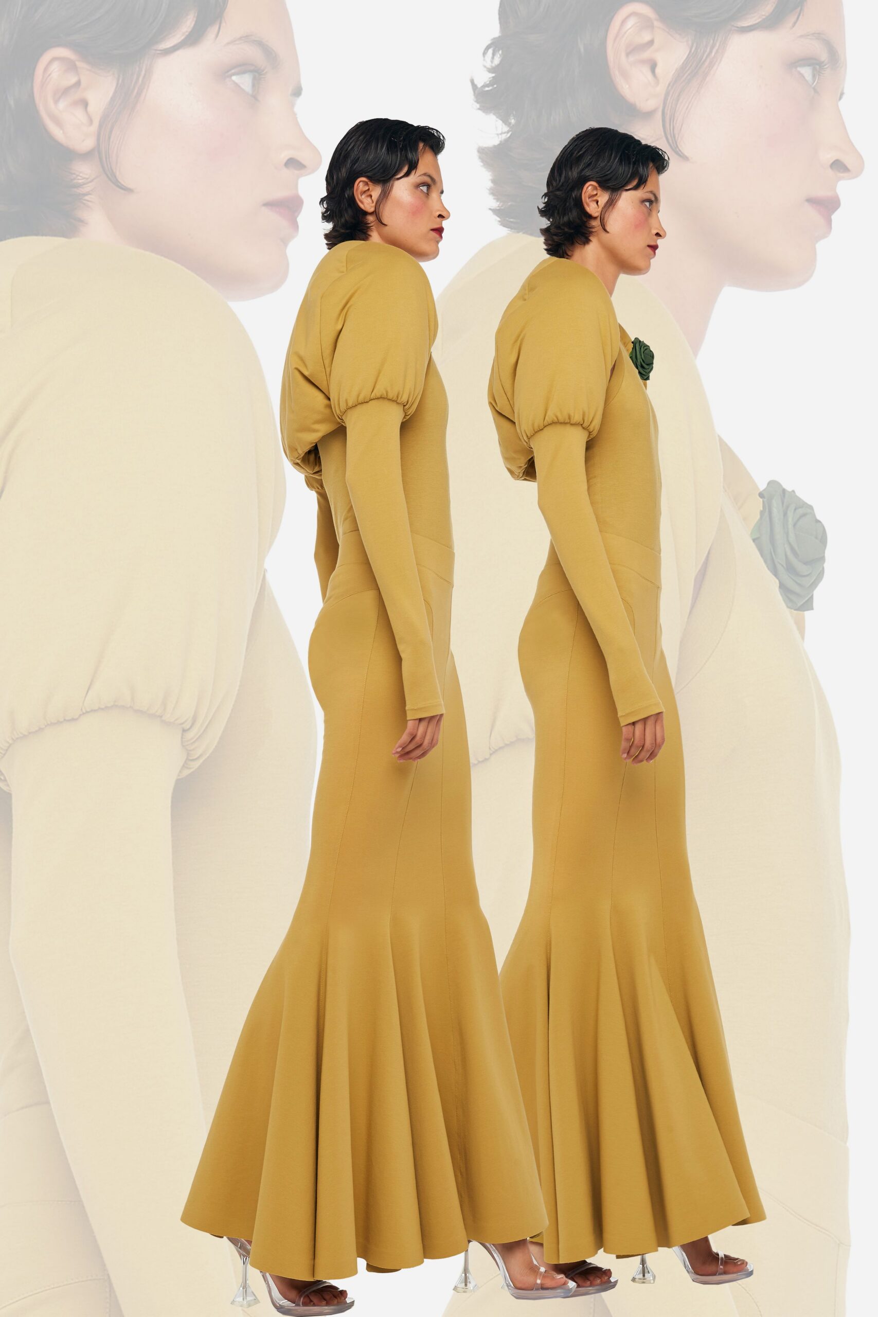 yellow cotton long-sleeve v-neck fitted flared maxi gown