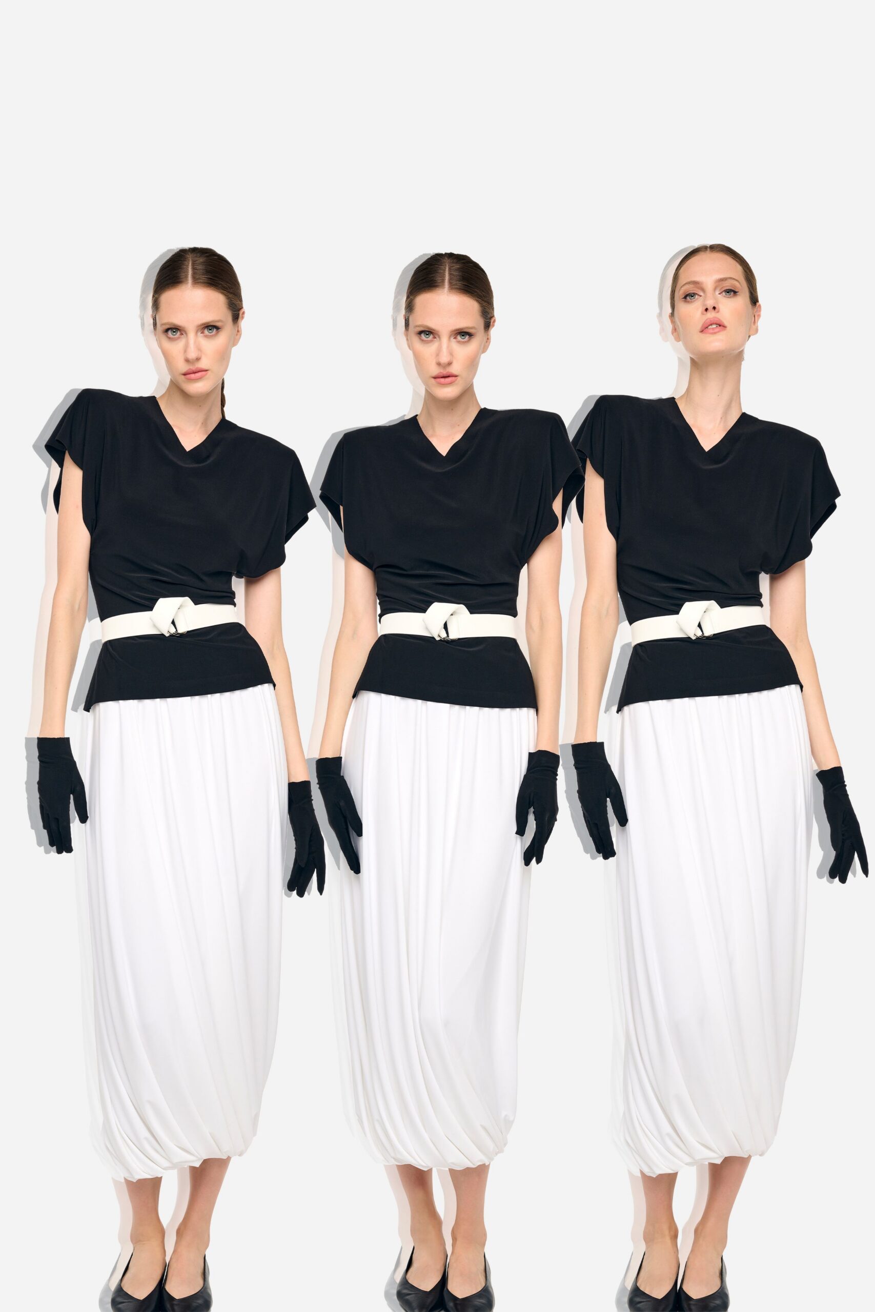black top white skirt outfit