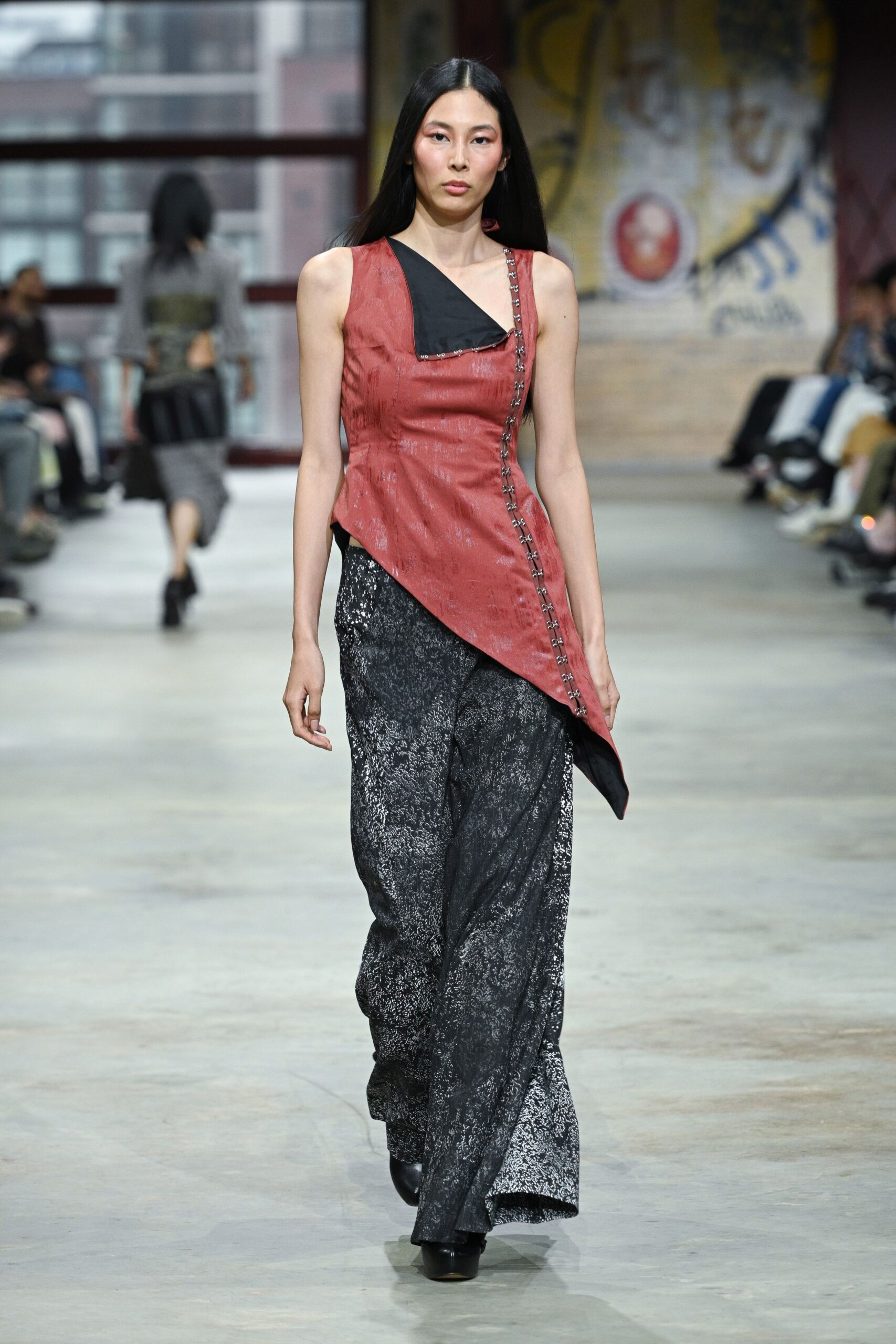 red leather asymmetric sleeveless fitted zippered top