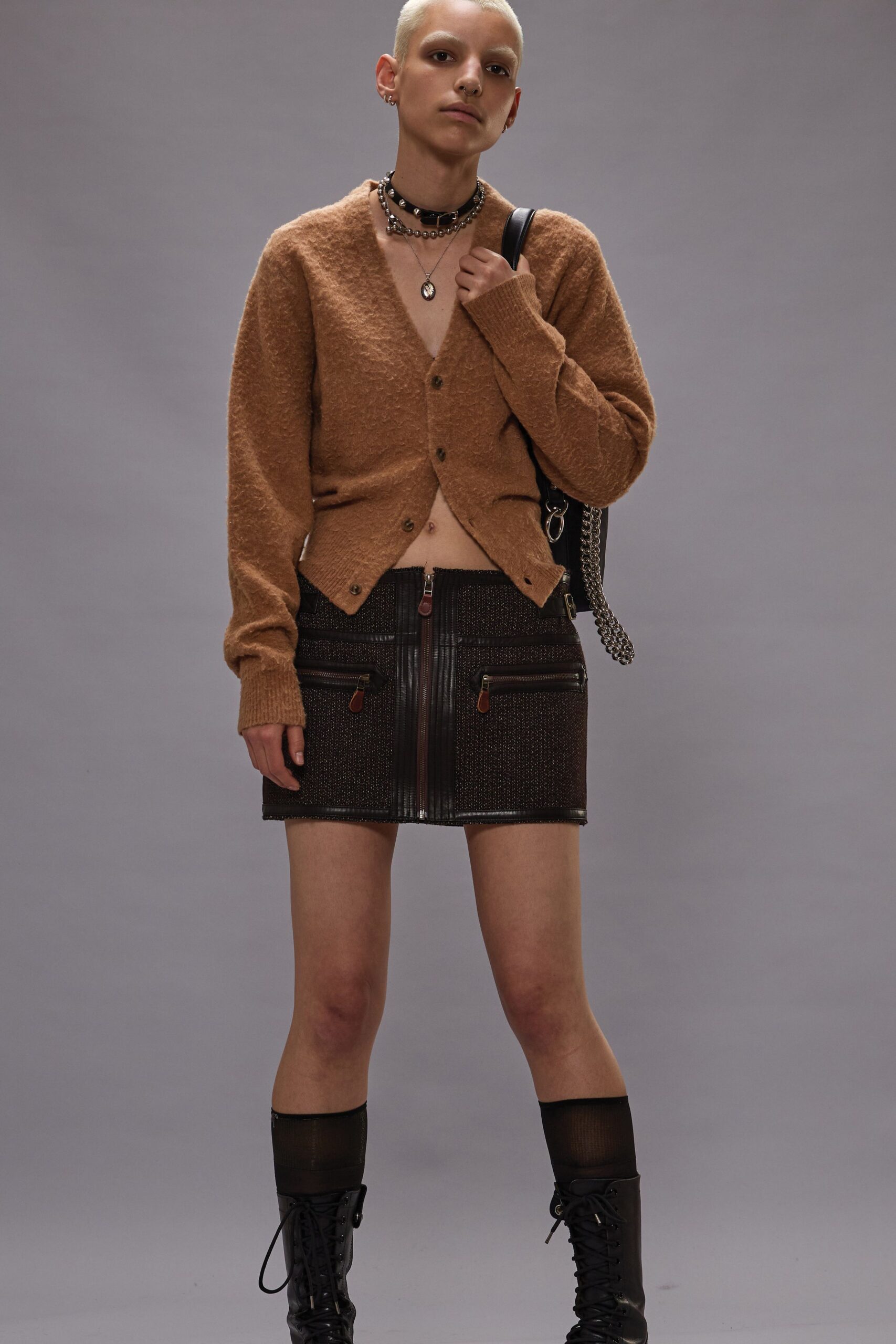 brown wool cardigan black mini skirt