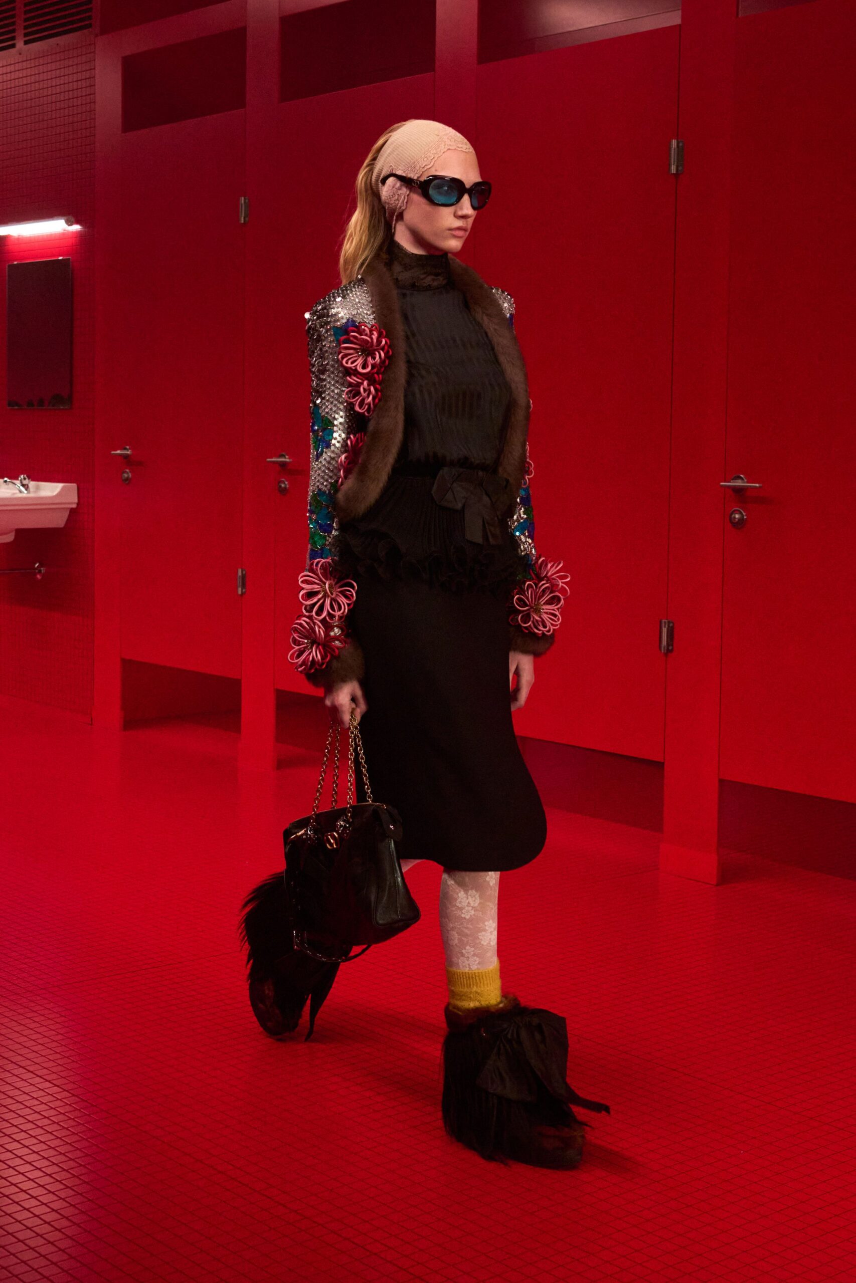 black silk long-sleeve high-neck fitted ruffled blouse
