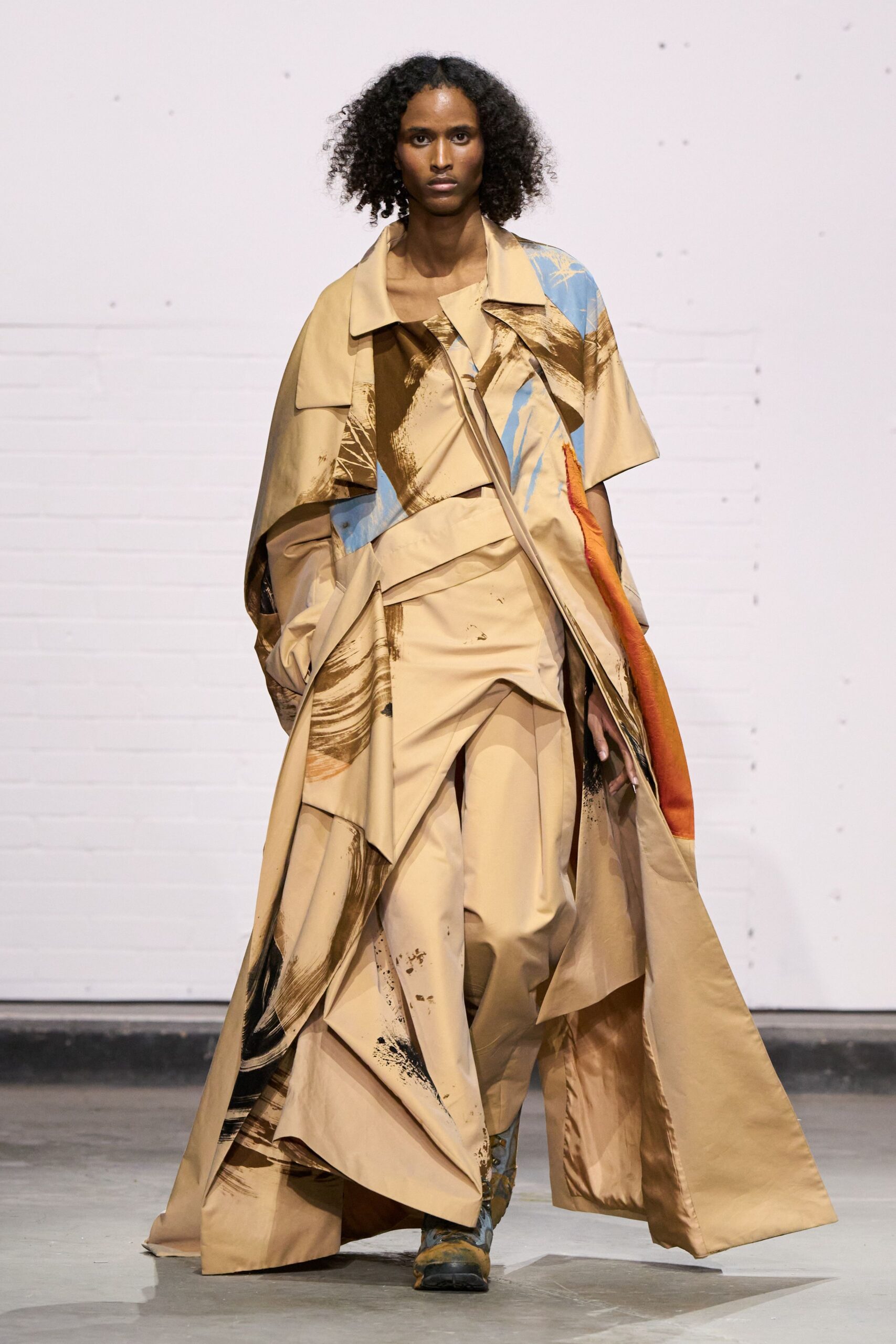 beige silk long-sleeve relaxed layered printed maxi coat