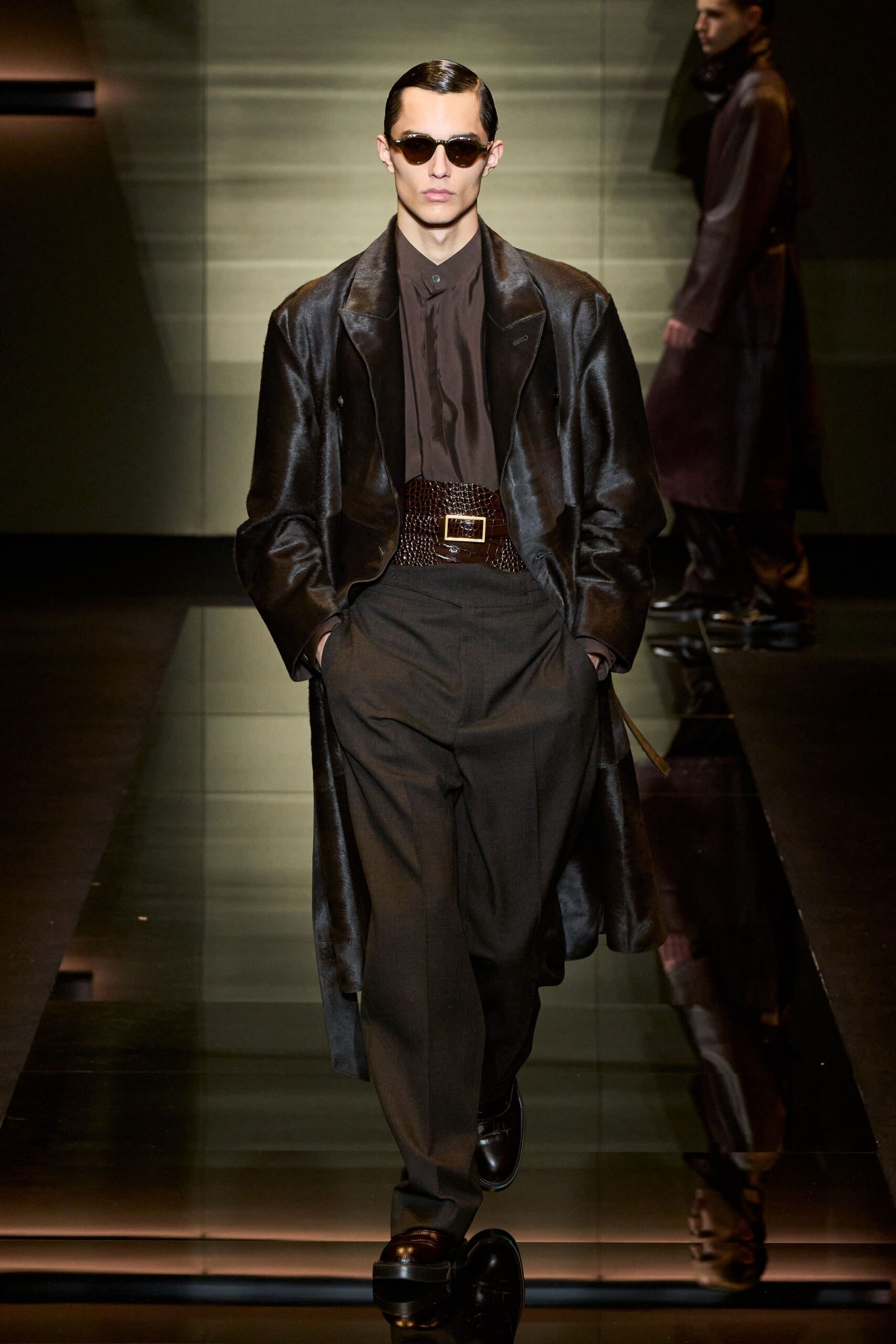 black leather coat with brown shirt