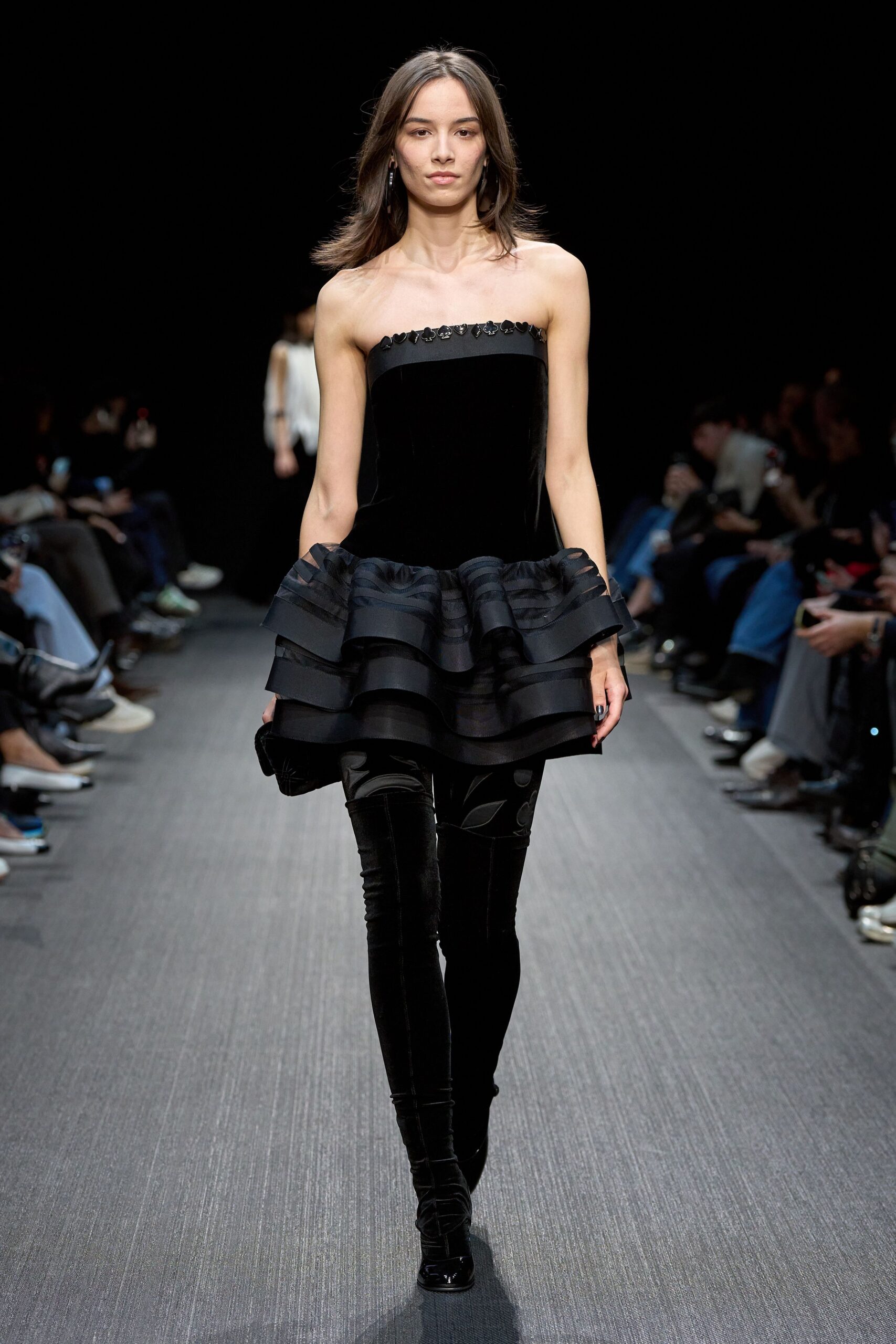 black silk strapless fitted ruffled mini dress