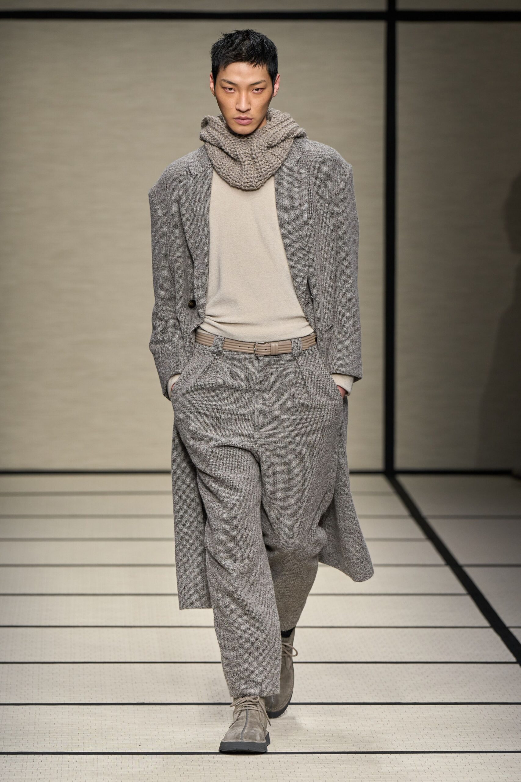 gray tweed long-sleeve collared relaxed buttoned maxi coat