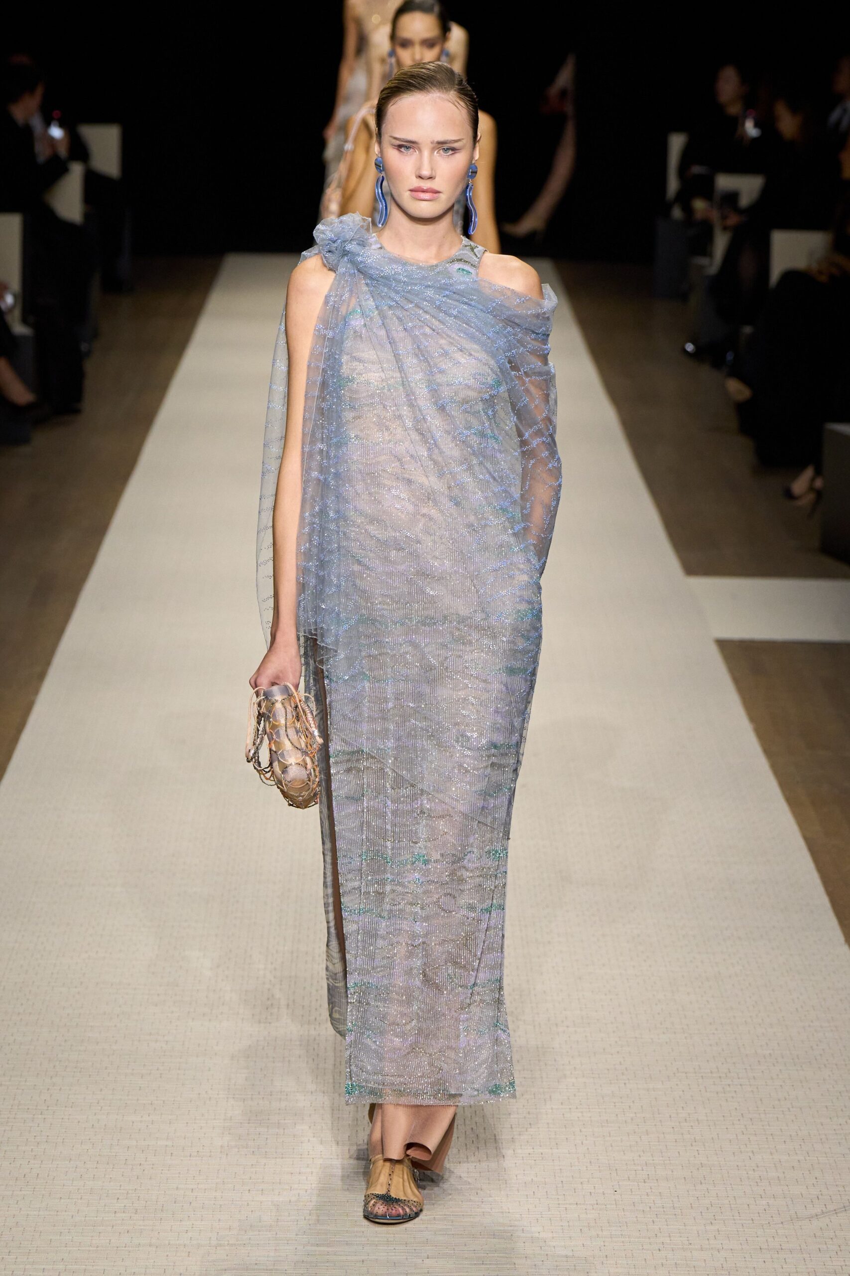 blue silk sleeveless off-shoulder fitted draped sheer gown