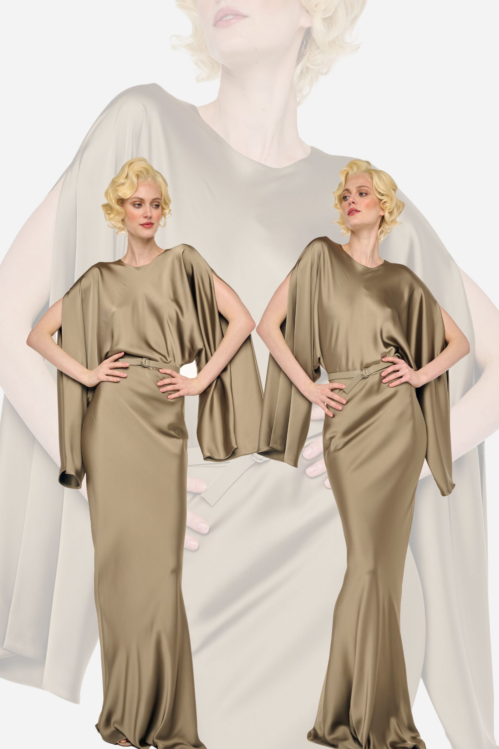 beige satin draped gown