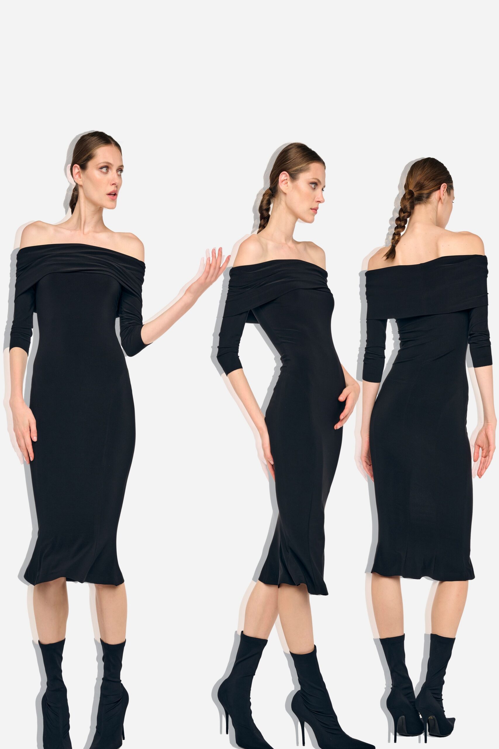 black off-shoulder midi dress with heels
