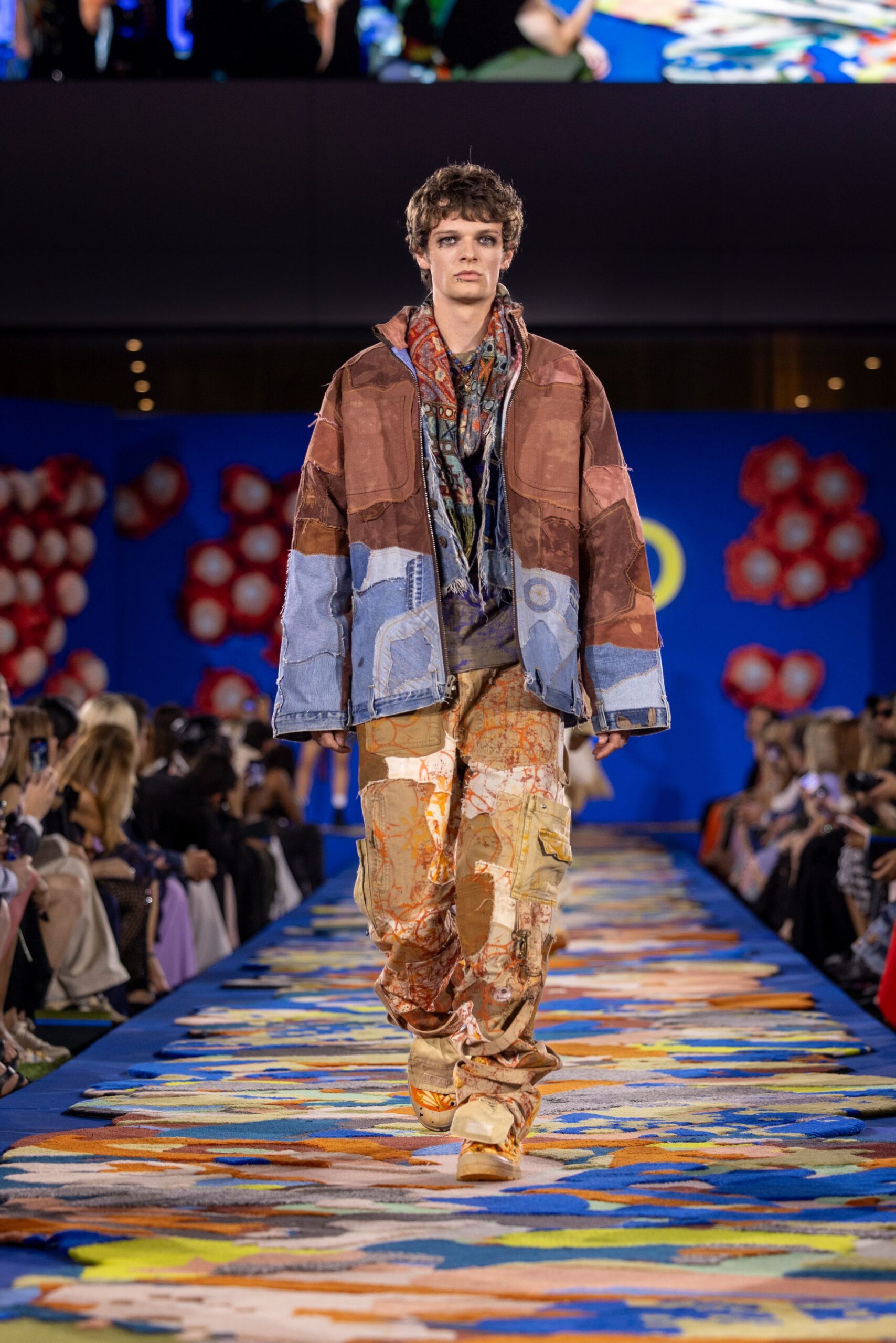 multi-colored denim jacket and cargo pants