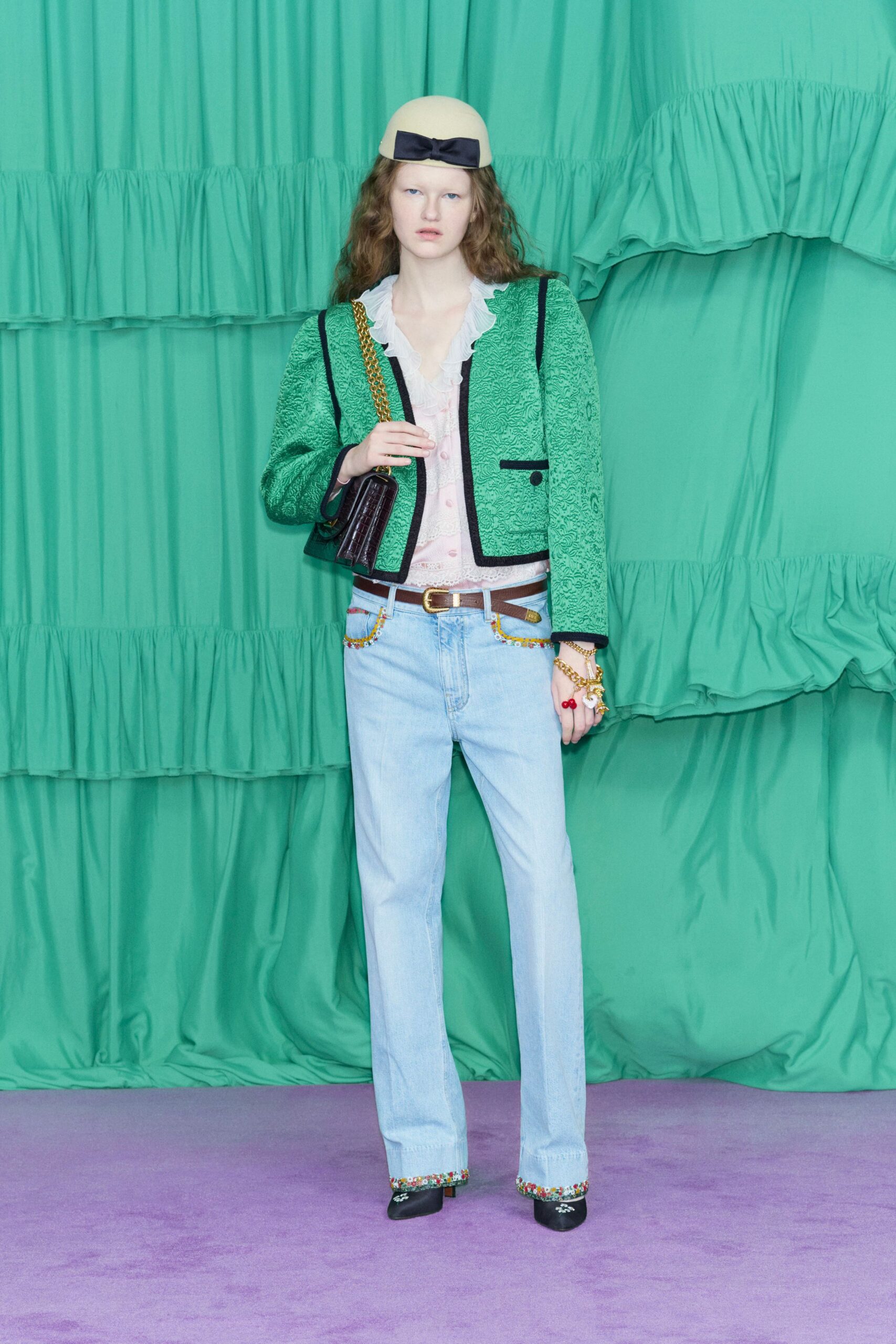 green cotton long-sleeve collared fitted buttoned layered jacket