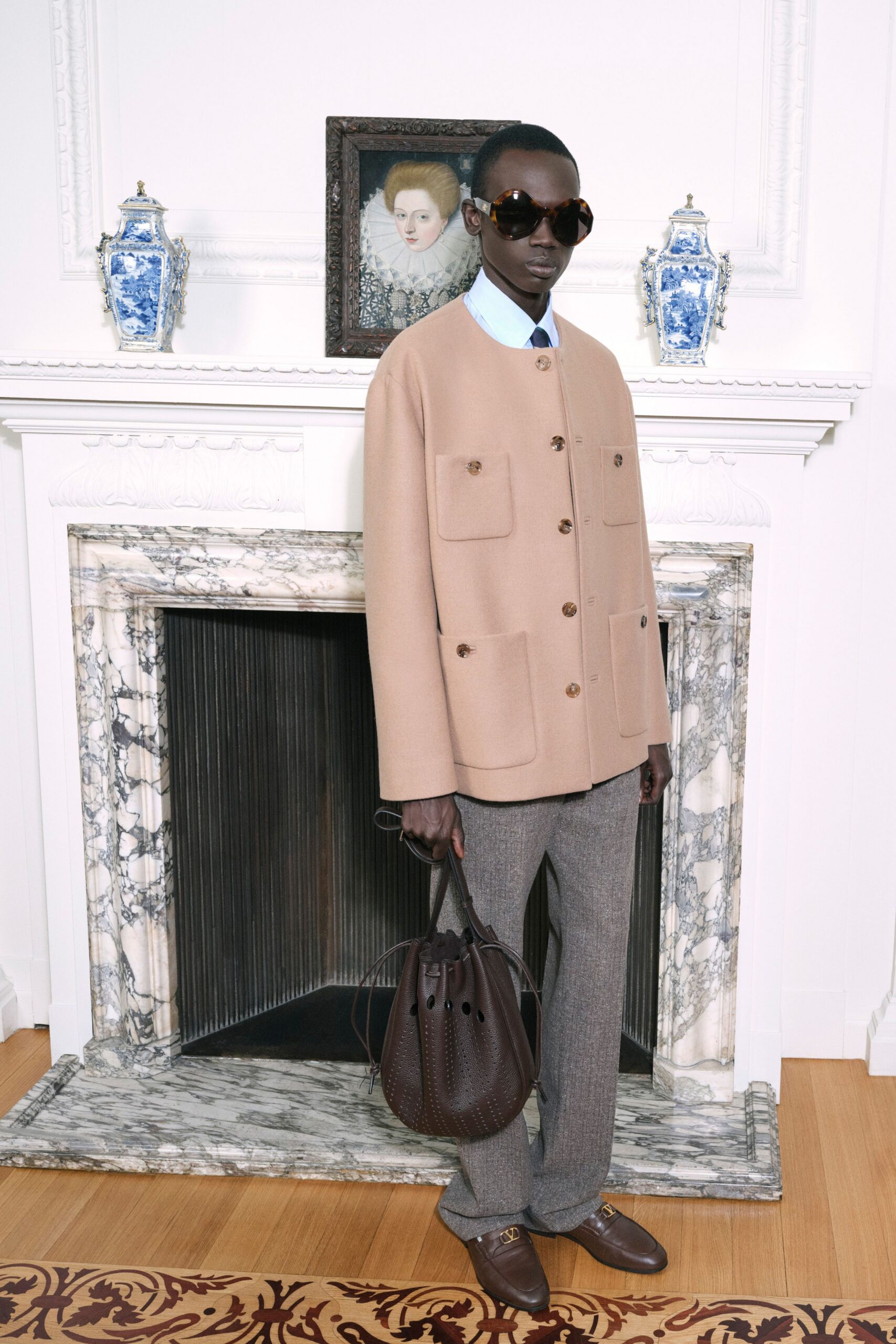 beige wool long-sleeve collared relaxed buttoned jacket