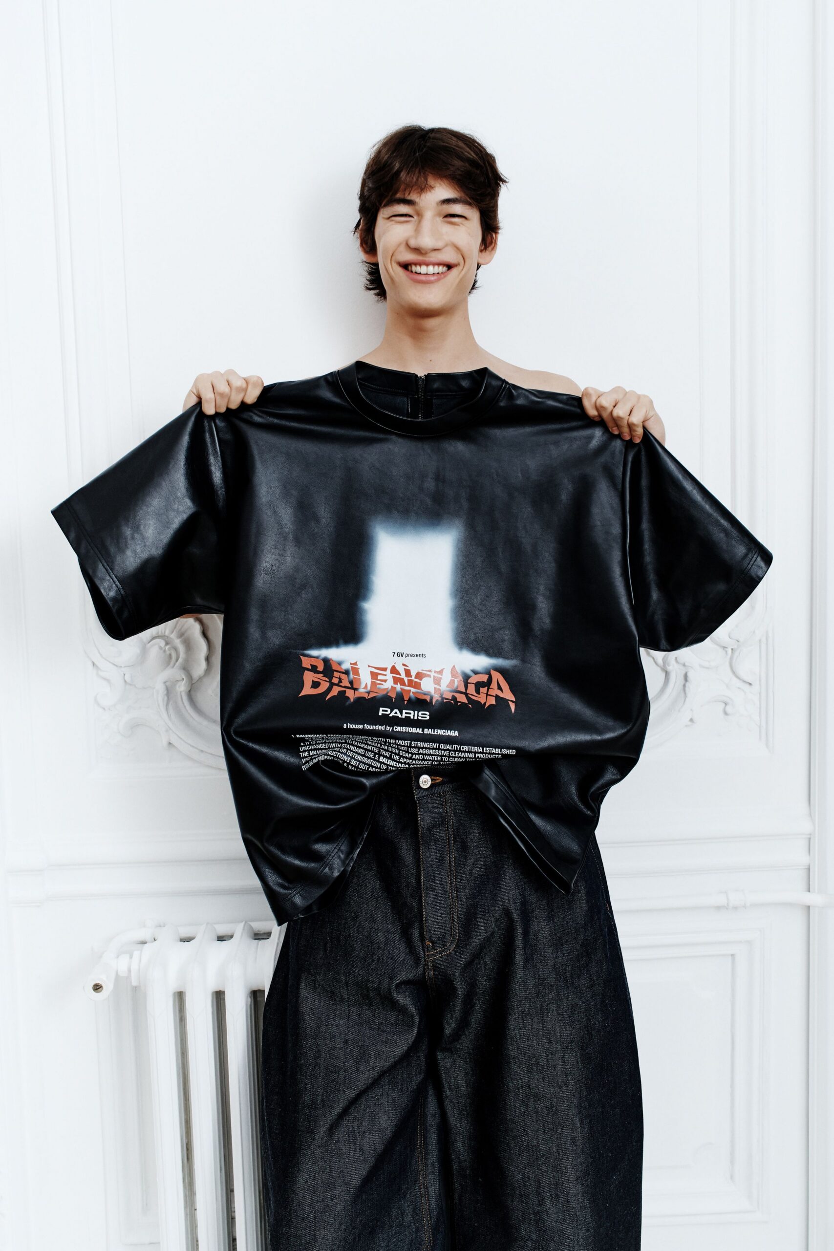 black leather short-sleeve high-neck oversized top