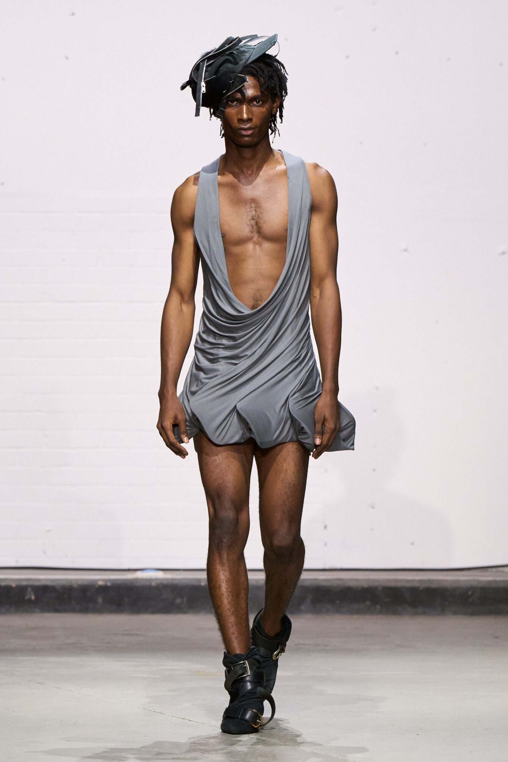 gray cotton sleeveless v-neck fitted draped mini dress
