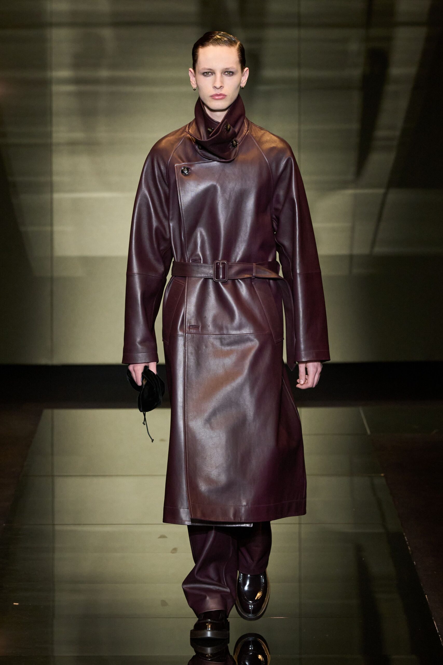 maroon leather long-sleeve collared fitted belted maxi coat