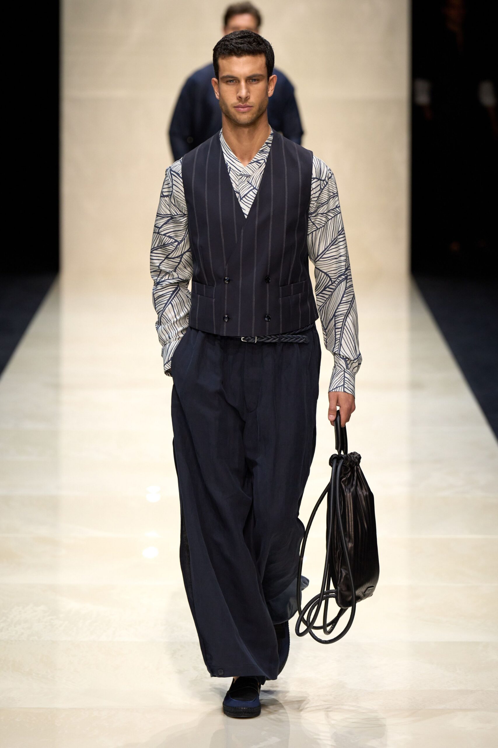 navy vest white shirt wide-leg pants