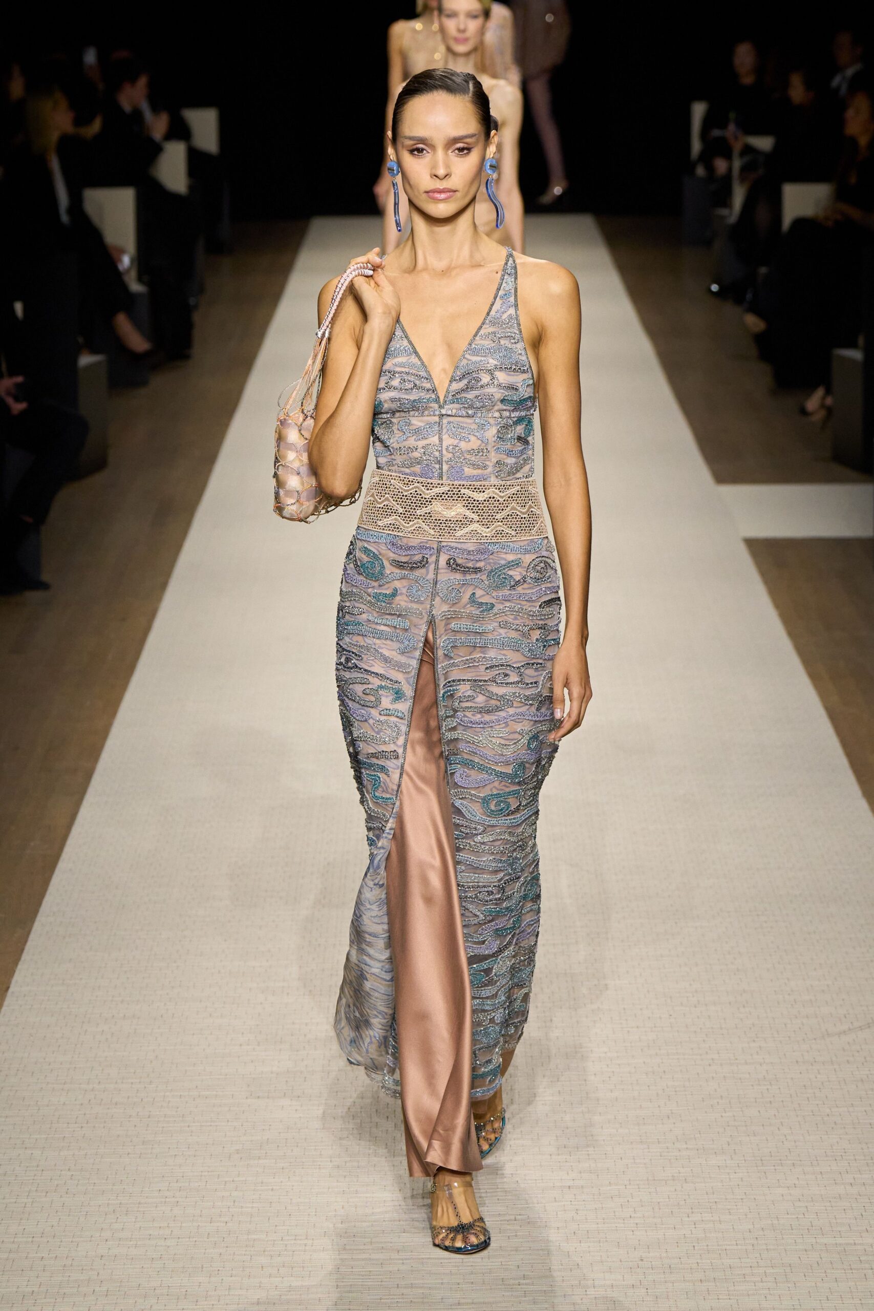blue silk sleeveless v-neck fitted embroidered layered gown